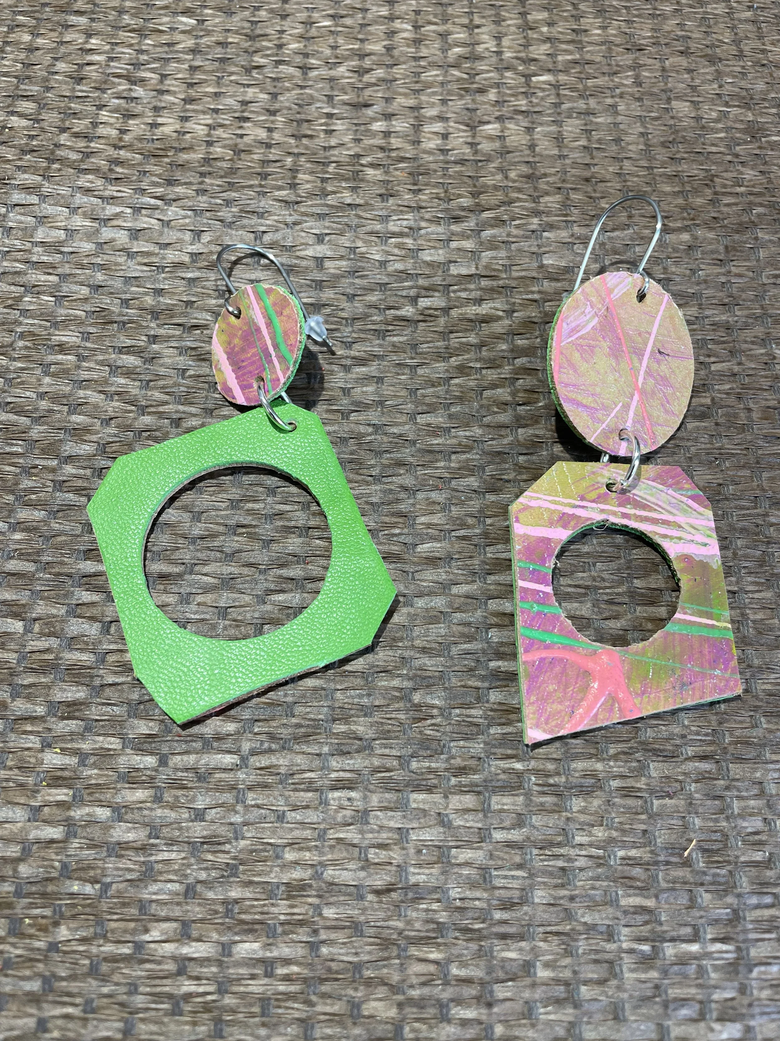Eco-Chic Pink & Green Leather Earrings
