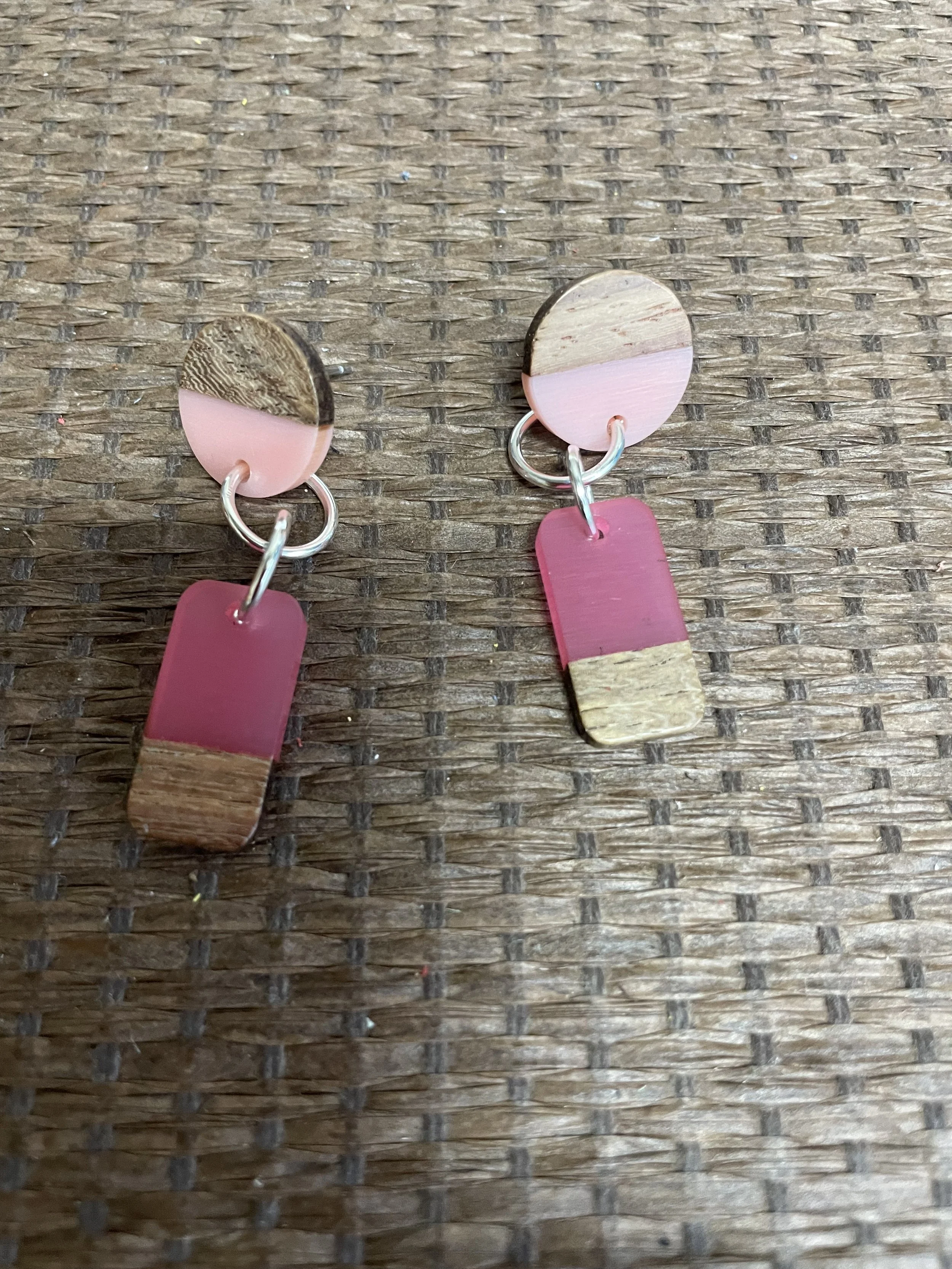 2 Pinks Wood & Resin Drop Earrings