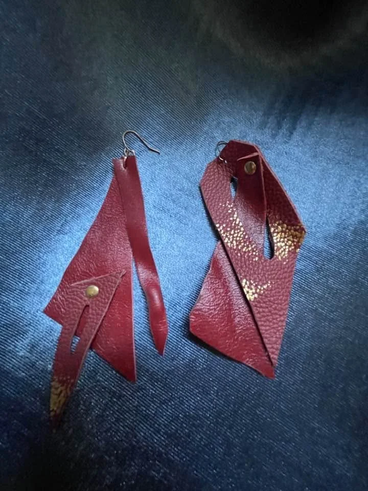 Reclaimed Red Leather Gold Splash Earrings
