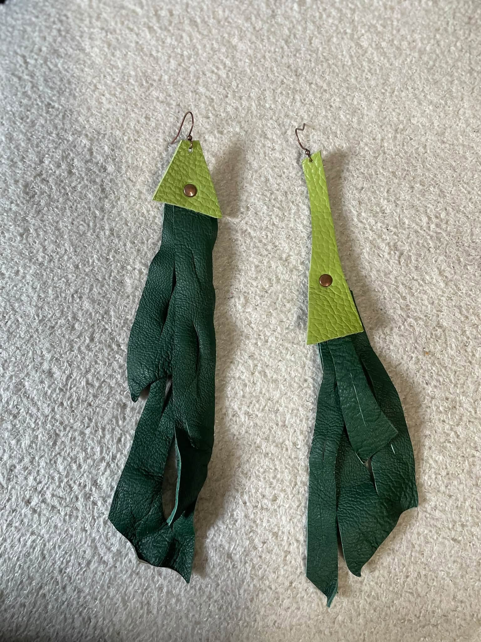 Reclaimed Leather Art Earrings - Lime & Hunter Green