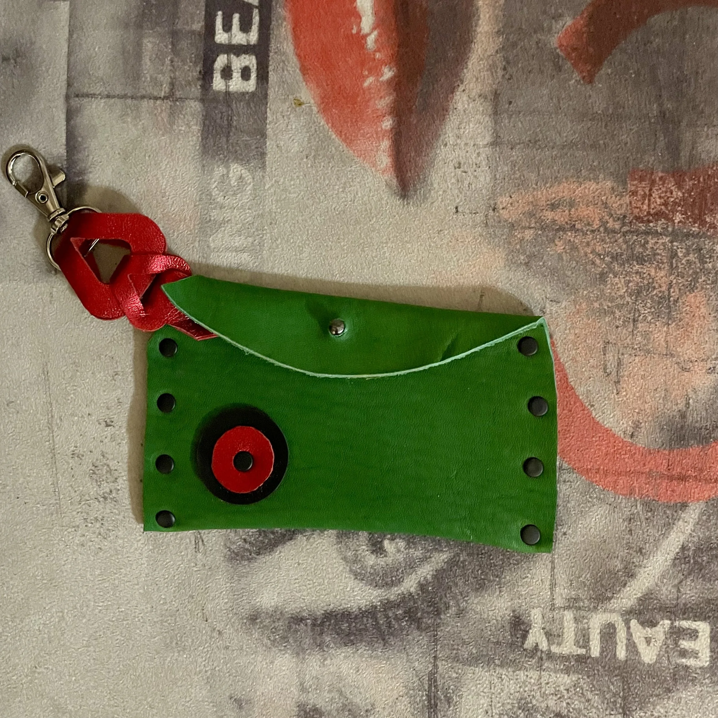 Vibrant Green & Red Handcrafted Keychain Pouch