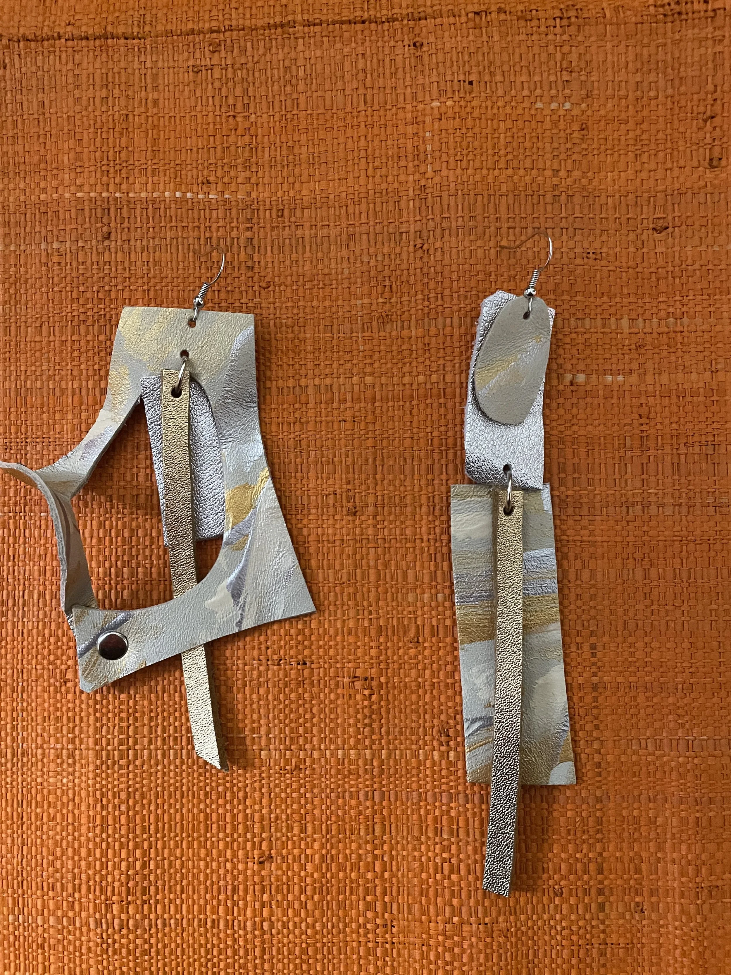Silver and Gold reclaimed leather earrings