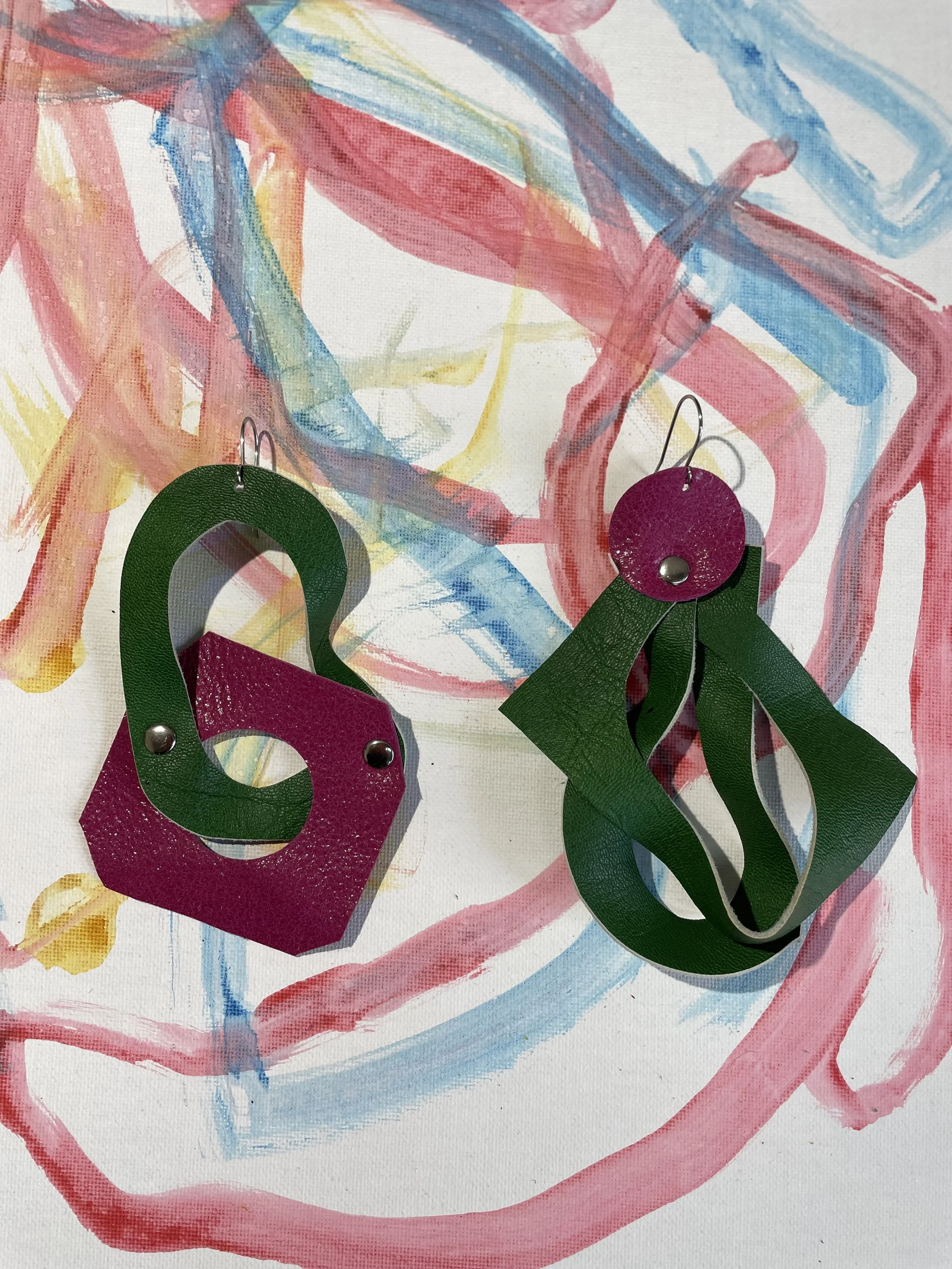 Vibrant  Pink and Green Harmony Leather Earrings
