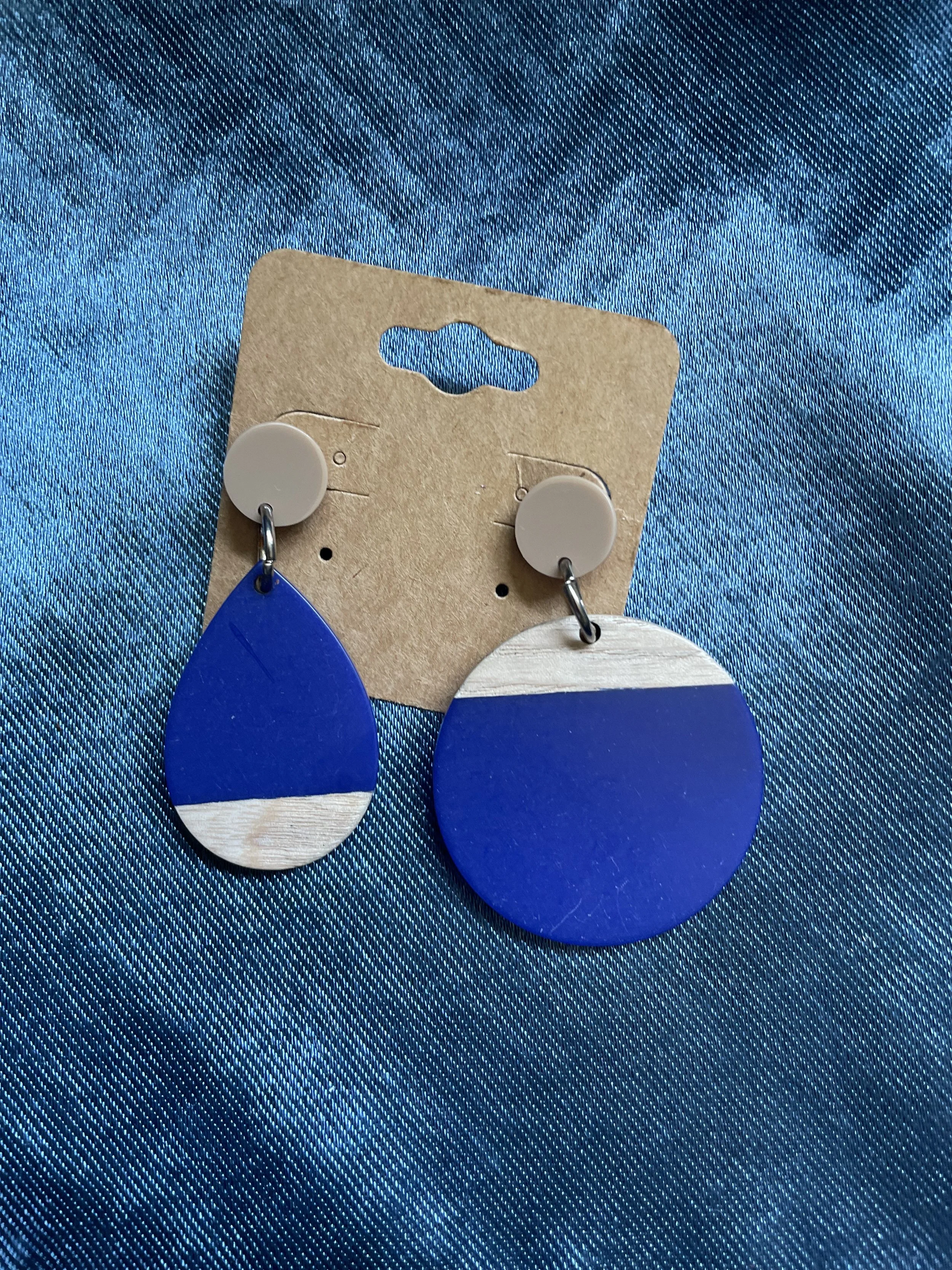 Blue wood post earrings