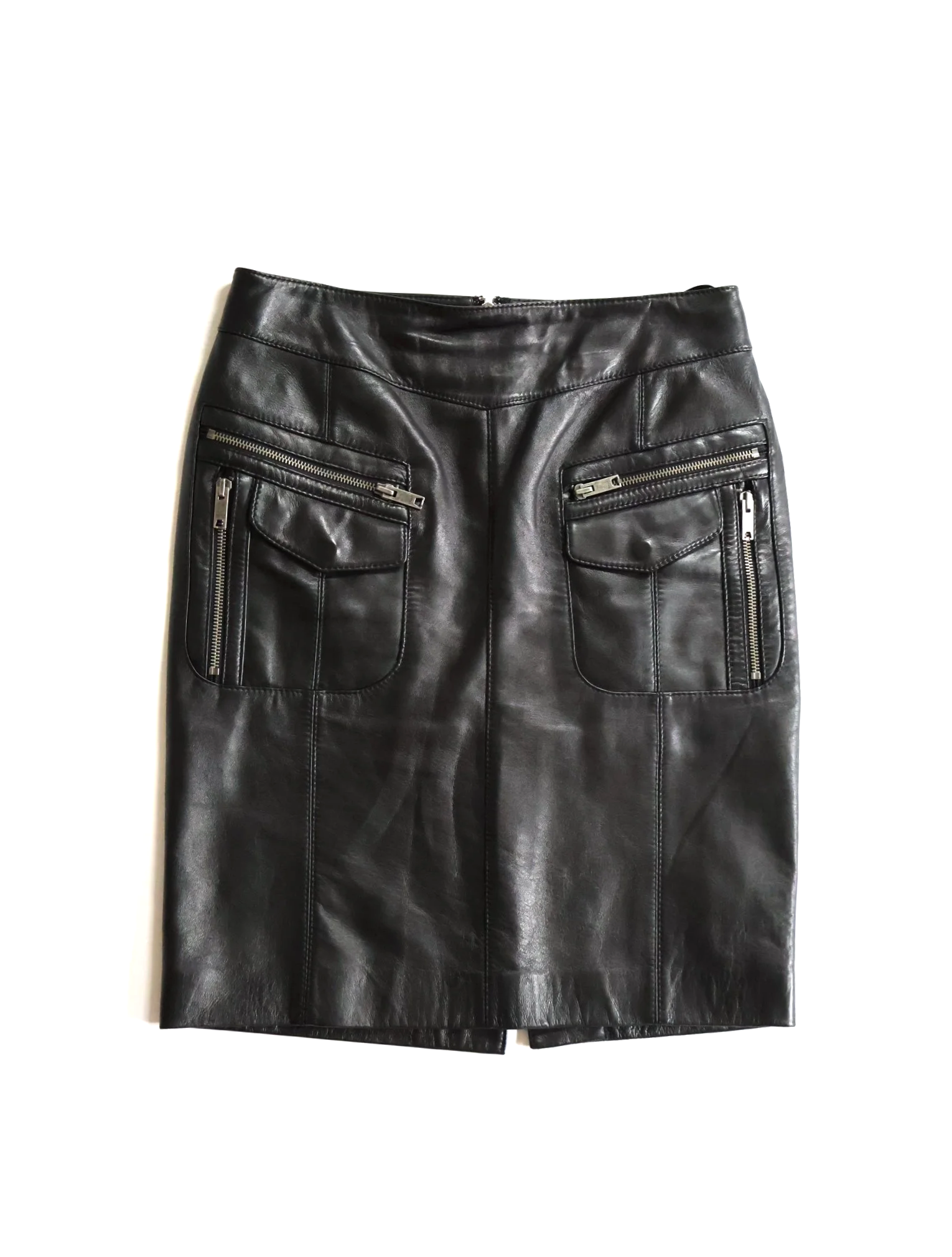 DKNY 2000s Black Leather Cargo Pocket Midi Skirt
