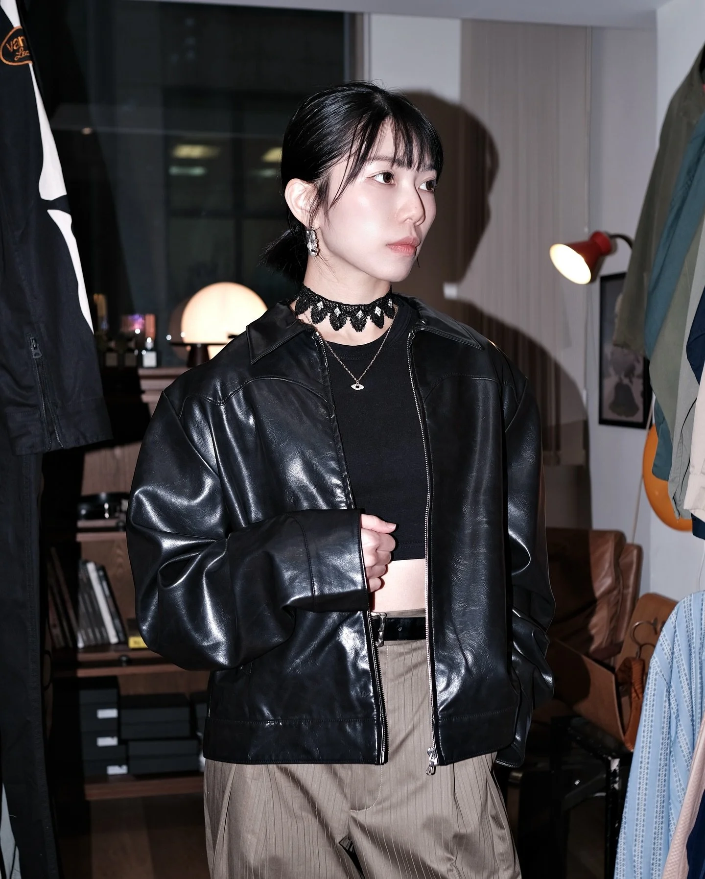 - New Arrival 

Egoitself - Synthetic Leather Embroidery Western Jacket

Cropped and relaxed style in smooth vegan leather, featuring angled shoulders, curved and elongated sleeves, red lining, and a zipper closure. The embroidery across the back ado