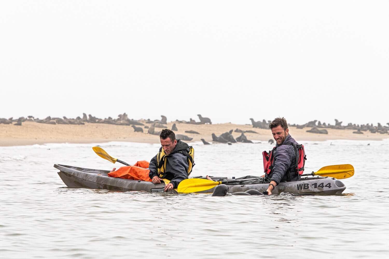 Un safari en Namibia puede incluir hacer kayak con lobos marinos en Pelican Point. Viaje a Swakopmund y Walvis Bay.