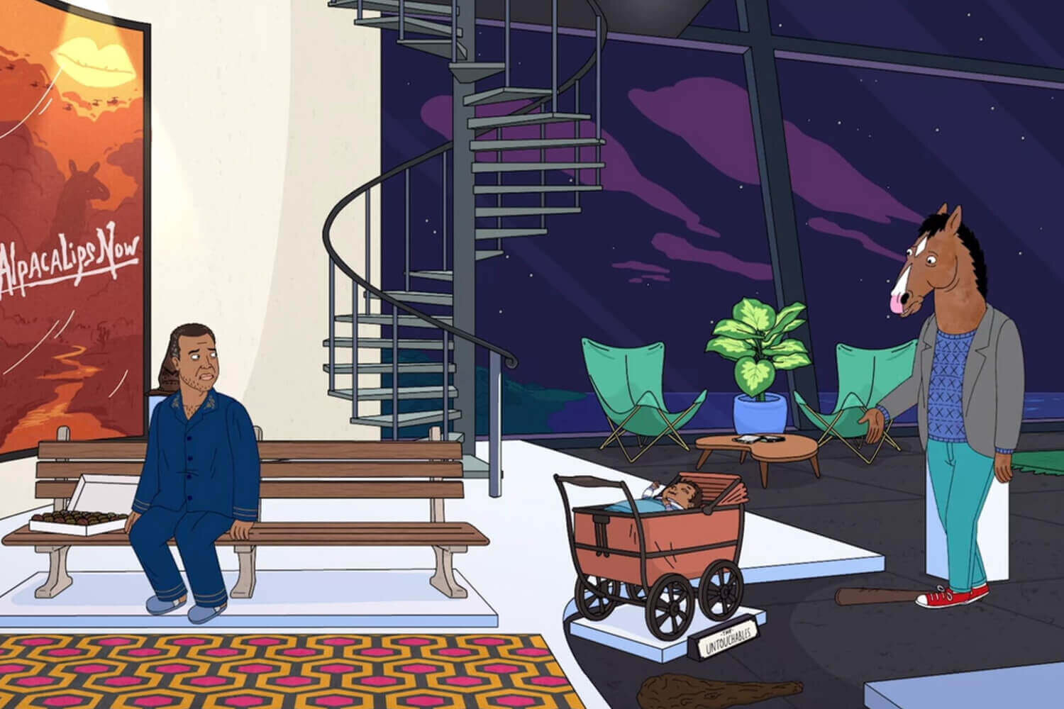 Episodio 1 de la temporada 6 de BoJack Horseman. Alfombra de El resplandor, hotel Overlook de Kubrick.