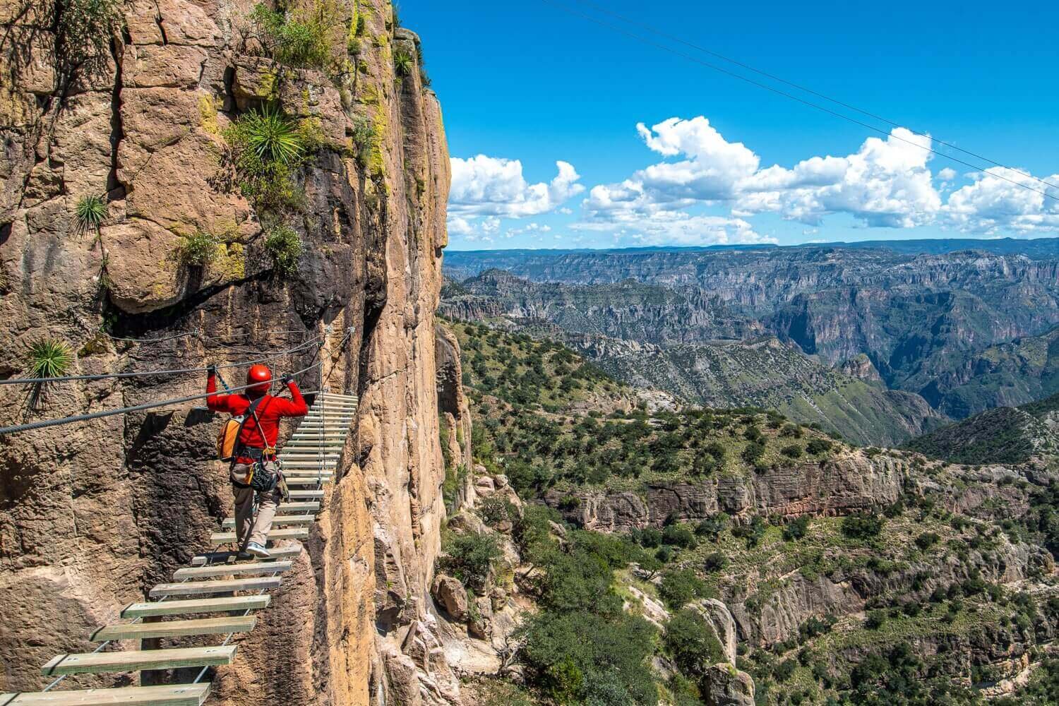 Puente colgante en la vía ferrata de Barrancas del Cobre. Parque de aventuras Barrancas del Cobre. Turismo de aventura en Chihuahua.