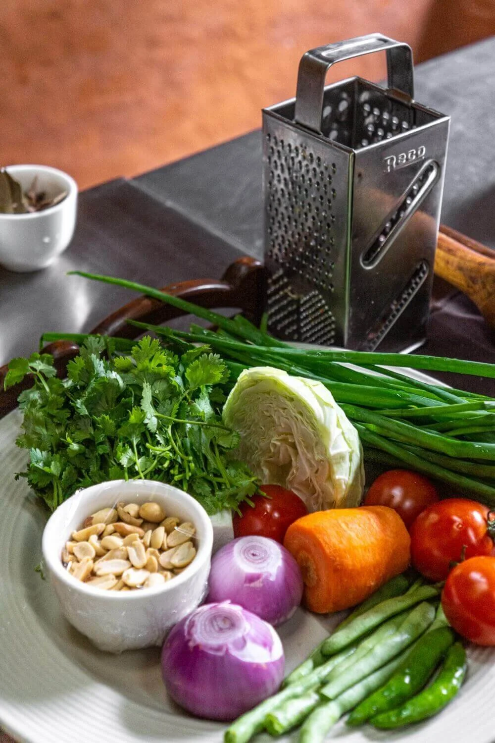 Ingredientes orgánicos del huerto de Dwarika para rellenar momos.