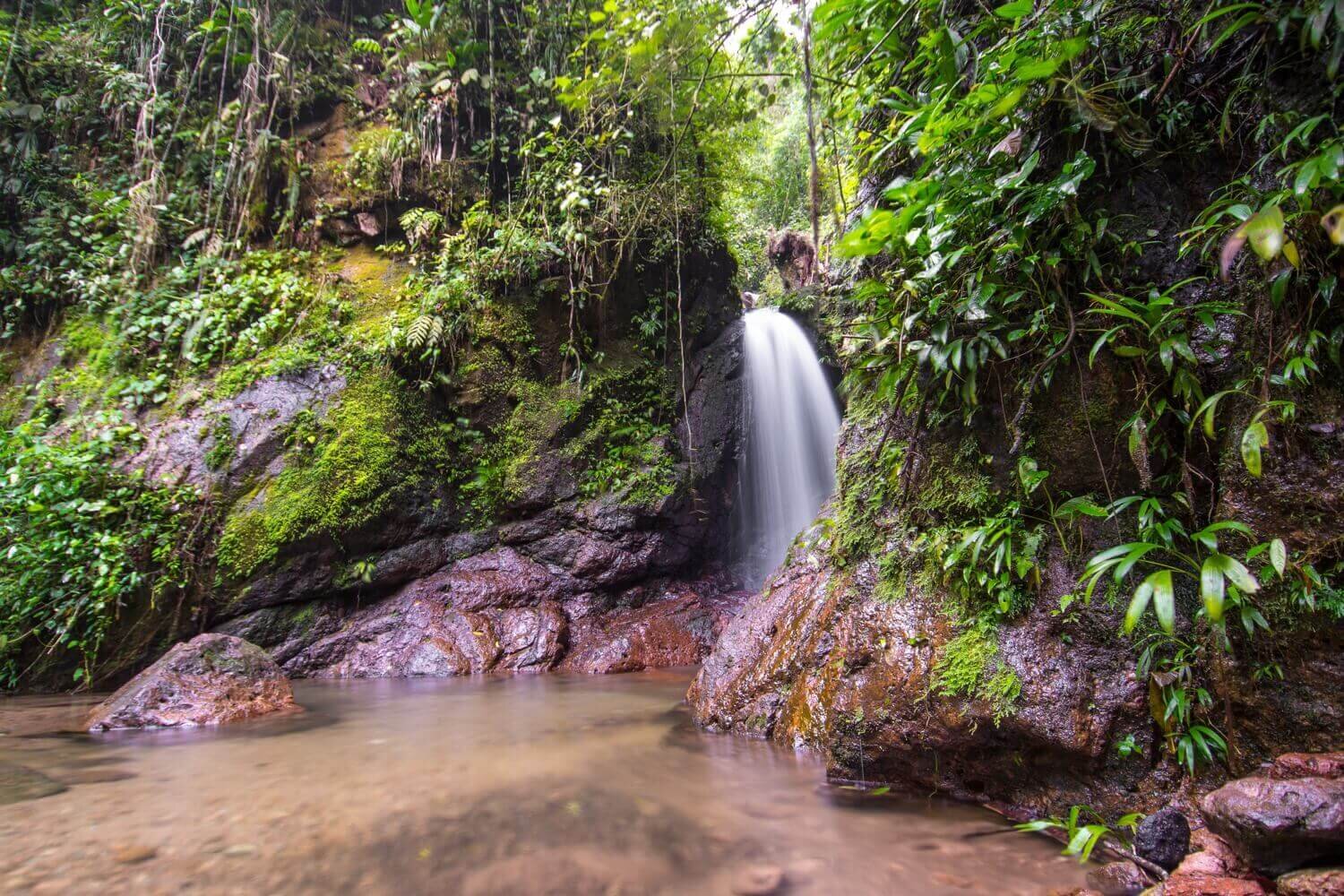 Poza natural y cascada en los senderos de Panacam Lodge. Turismo sostenible en Honduras.