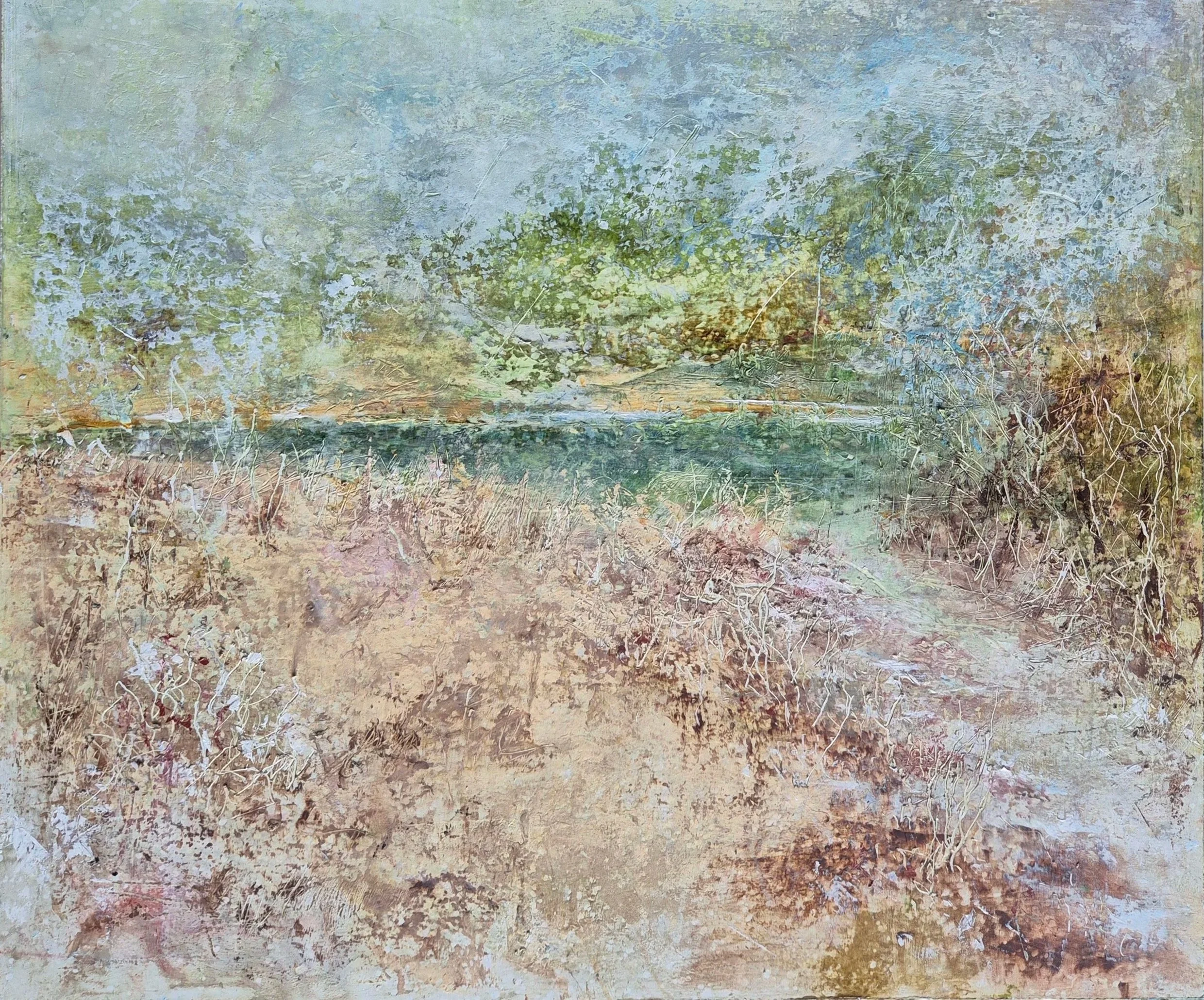 'The little lagoon' mix media on panel, 35.5x30cm - 2025  IN PRIVATE COLLECTION