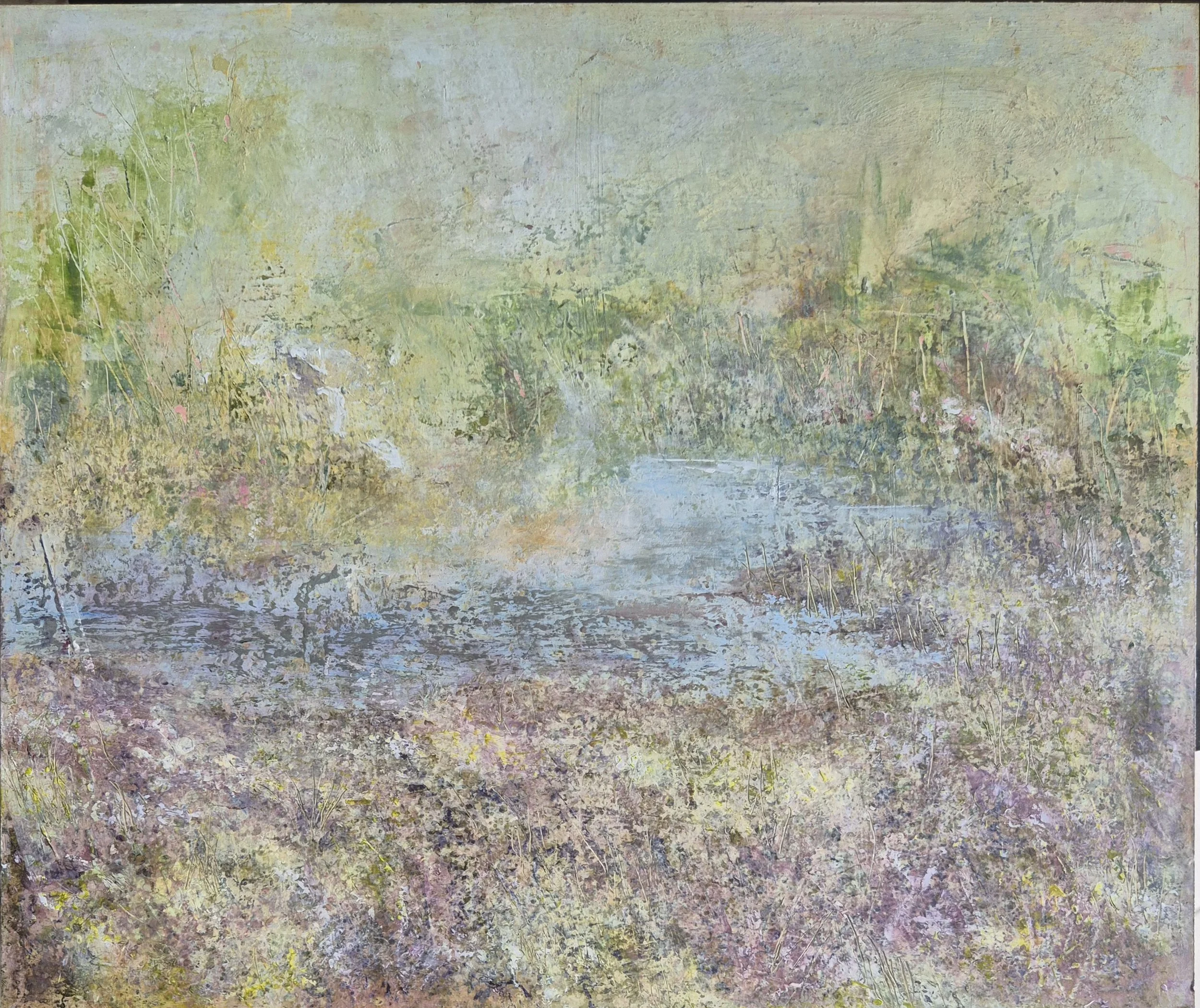 'Still water, Quiet light', mix media on panel, 35.5x30cm, 2025