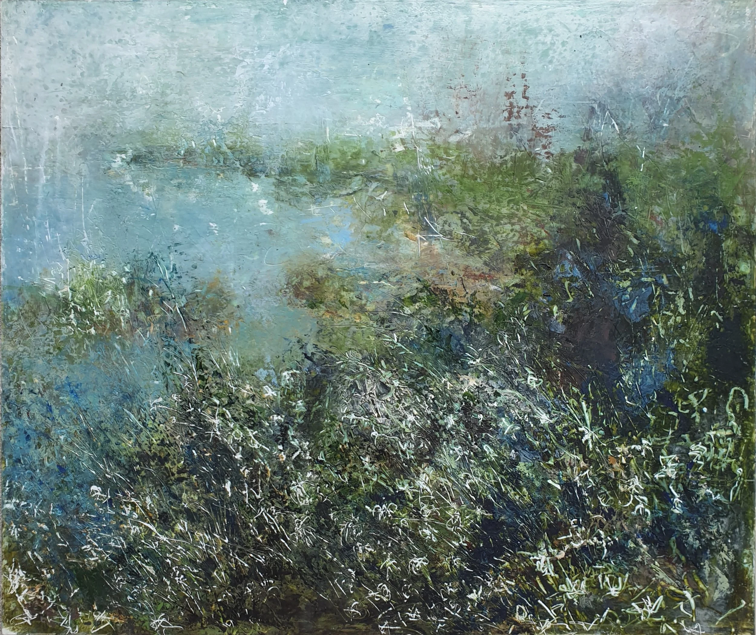 'Among the clifftop blossoms', mix media on panel, 35.5x30cm - 2025 PRIVATE COLLECTION 