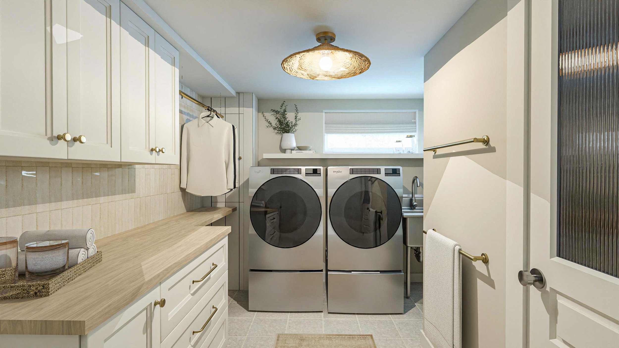 rendered laundry view. light an airy design. off white cabinetry. subway tile backsplash. wooden countertop.