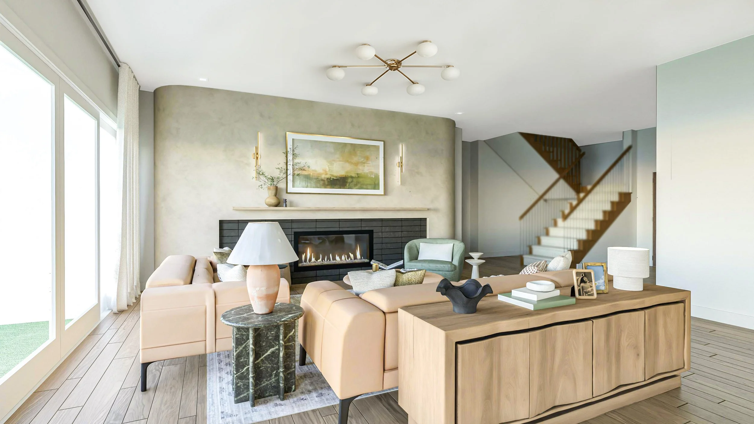 Bright transitional living room with curved burnt orange sofa, neutral palette, abstract gallery wall art, round coffee table, and large windows.