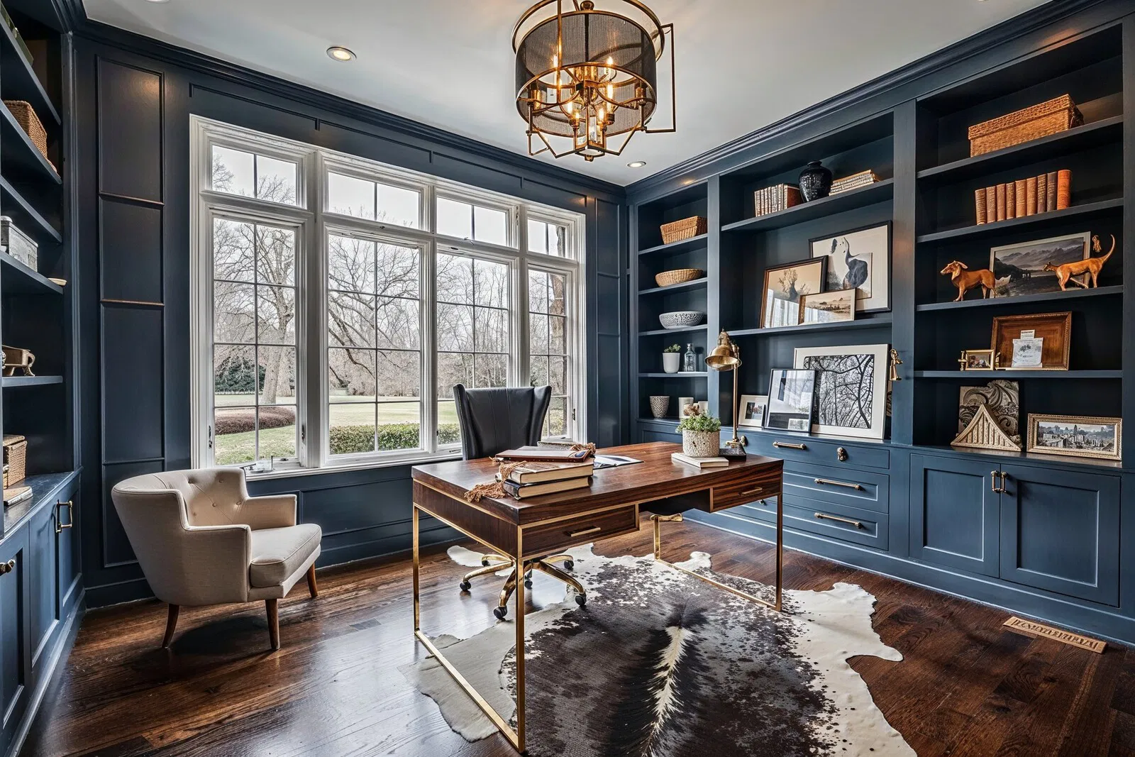 Elegant transitional home office with navy built-in shelving, wooden desk with brass legs, large windows, and modern chandelier over dark hardwood floors.