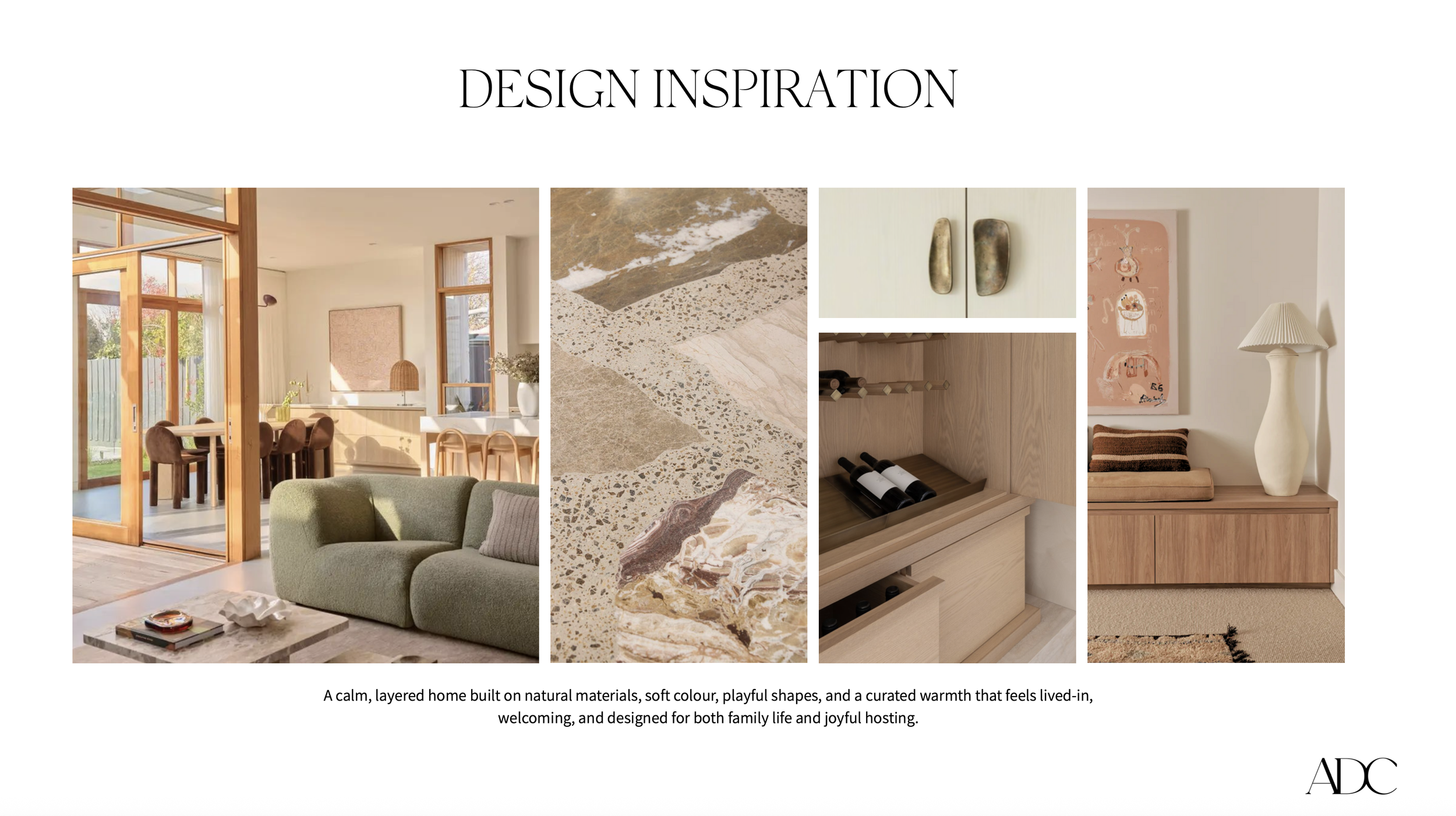 Design inspiration mood board. light and airy design. wood tones. natural stone. brass hardware. green sectional sofa.
