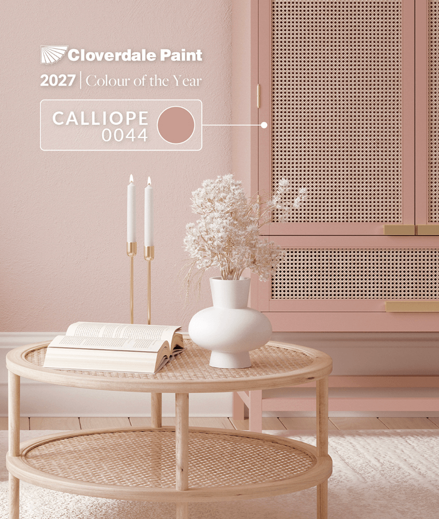Cloverdale Paint Calliope 0044, the 2027 Colour of the Year, featuring dusty rose walls, coordinating cane cabinetry, and natural wood accents.