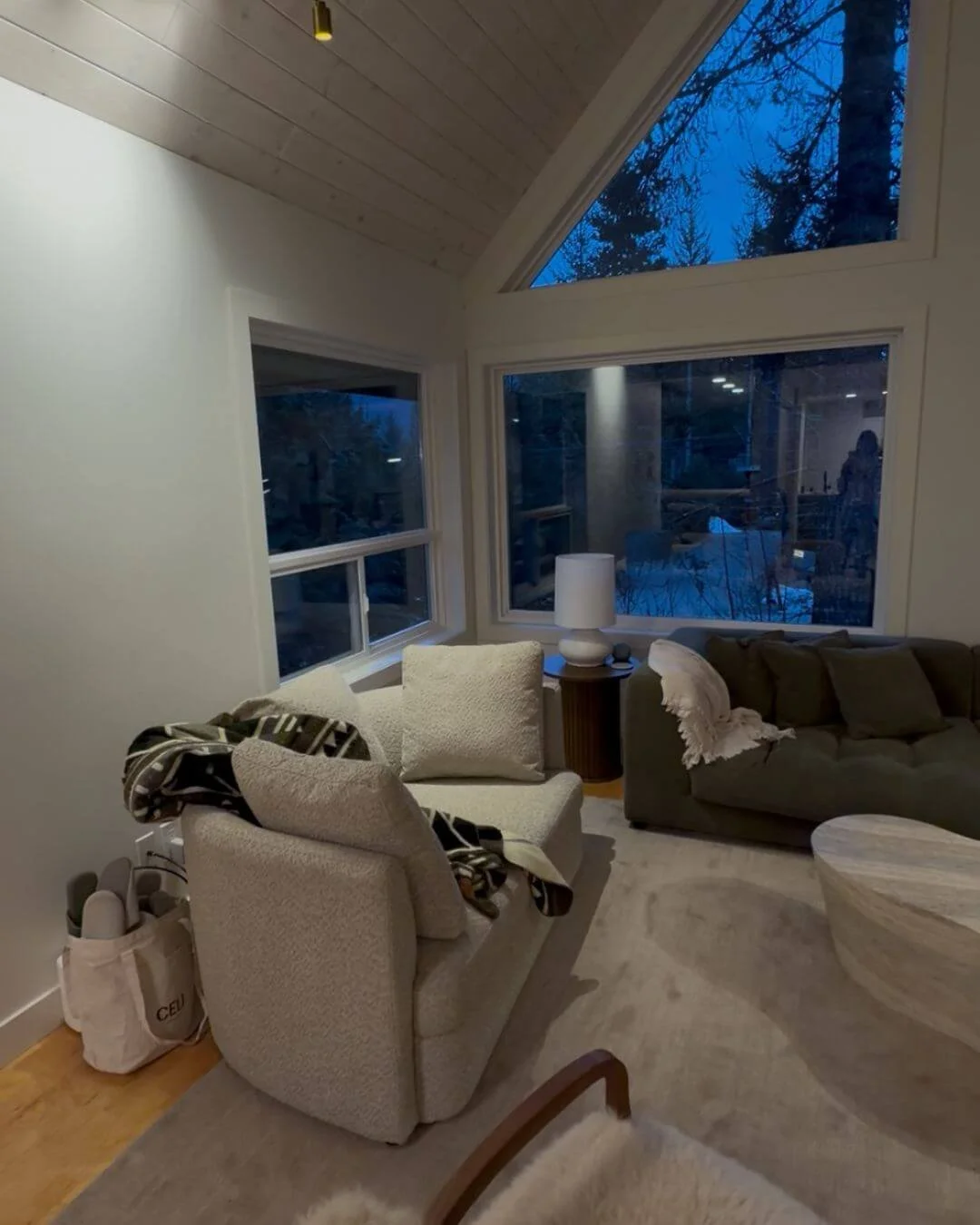 Whistler living room design with wood beam ceiling