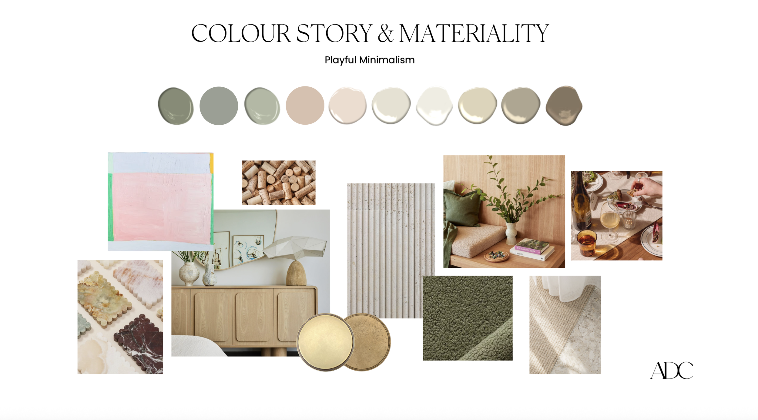 Concept board. light pastel colour palette. oak tones. brass gold metals. fluted porcelain tile. dark olive green accent tones.