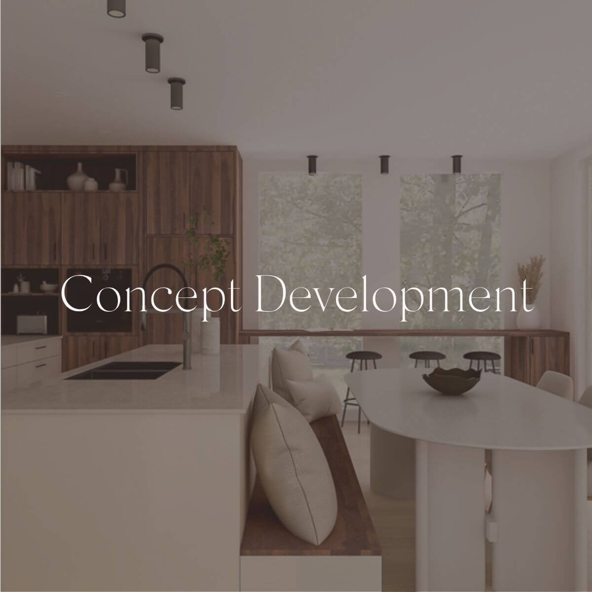 Concept Development interior design service featuring a modern kitchen and dining space with walnut cabinetry and built-in seating.