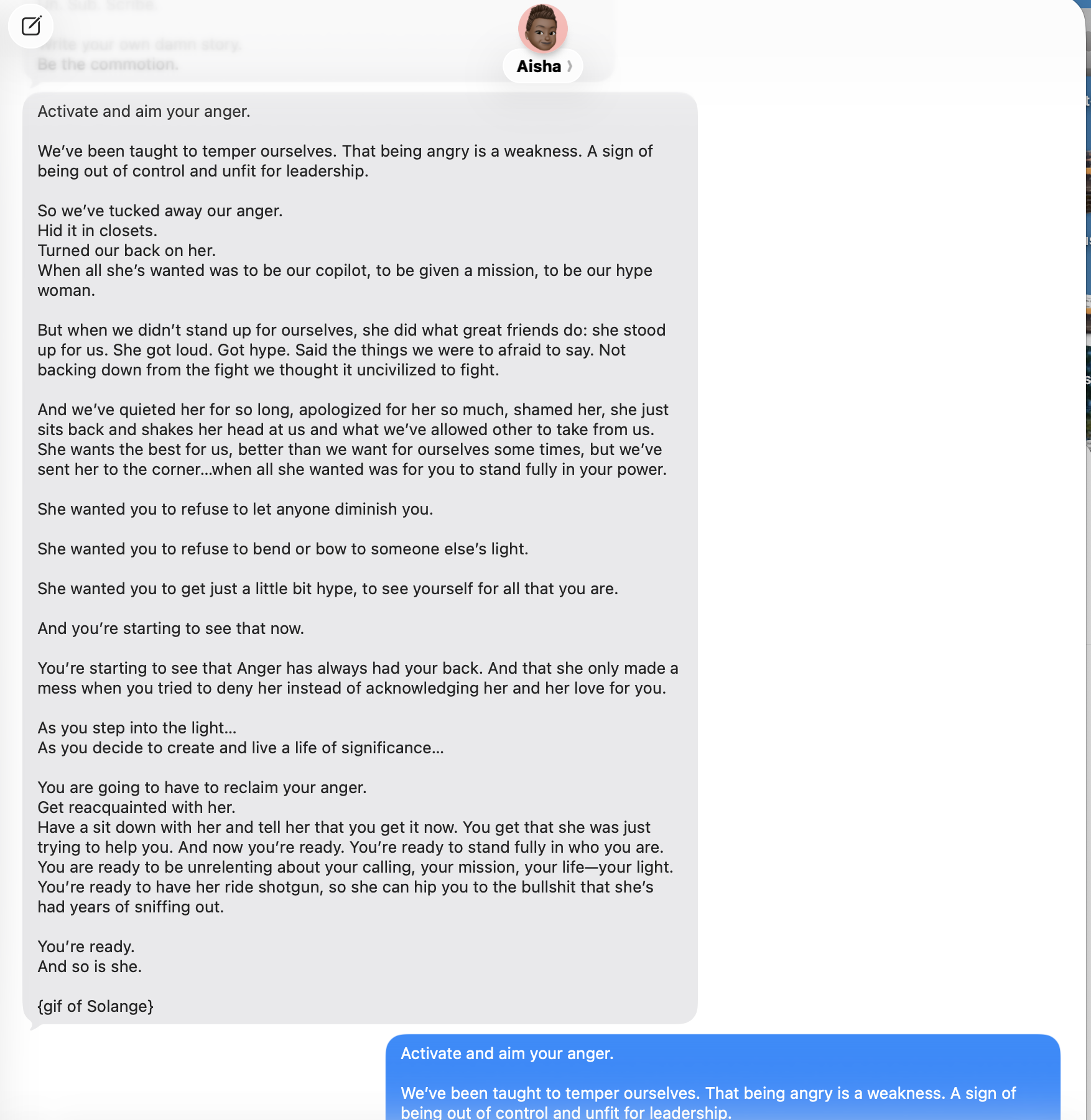 Screenshot of text message about activating our anger