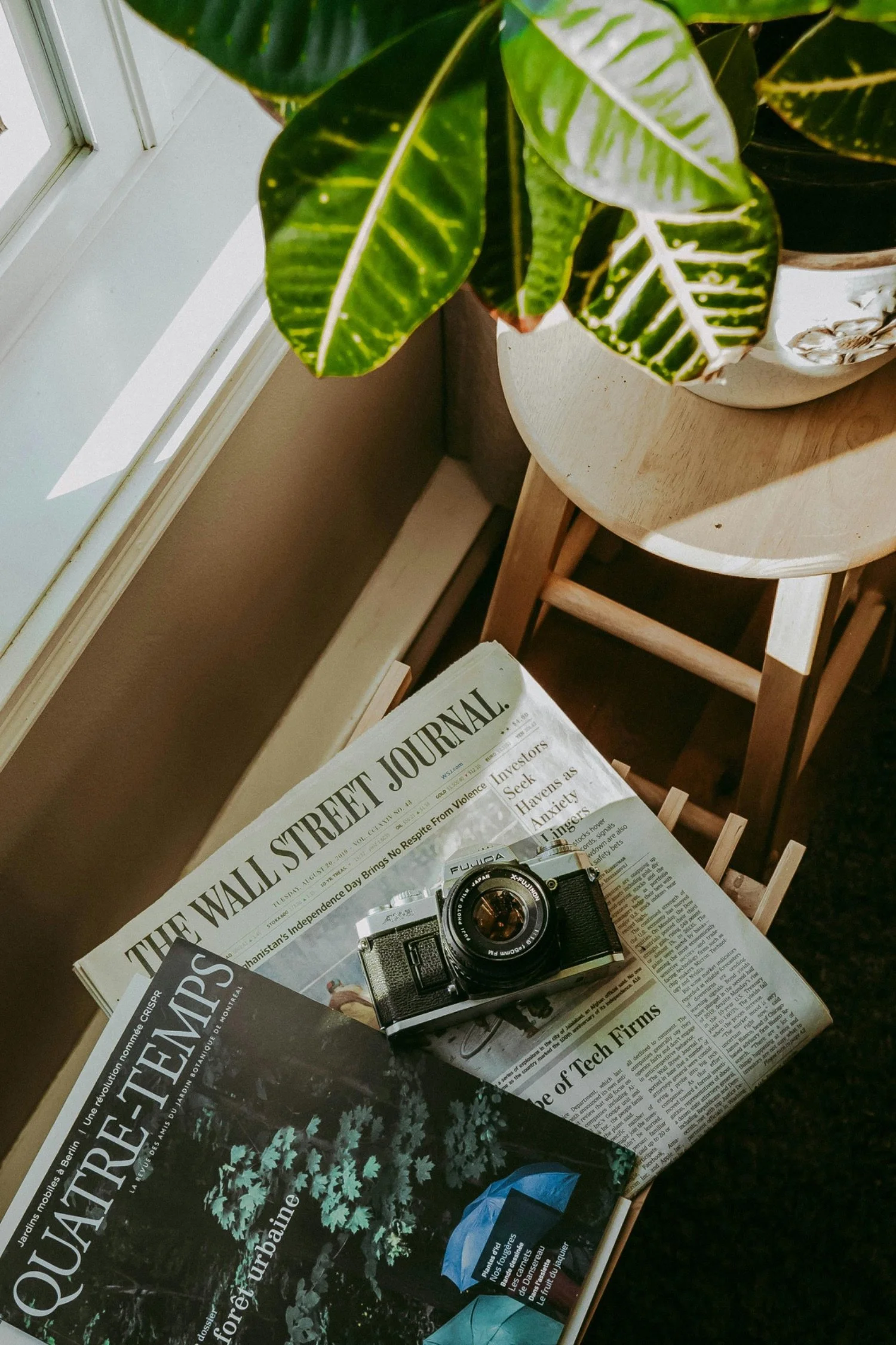 A camera resting on a newspaper on a small table next to a potted plant near a window.
