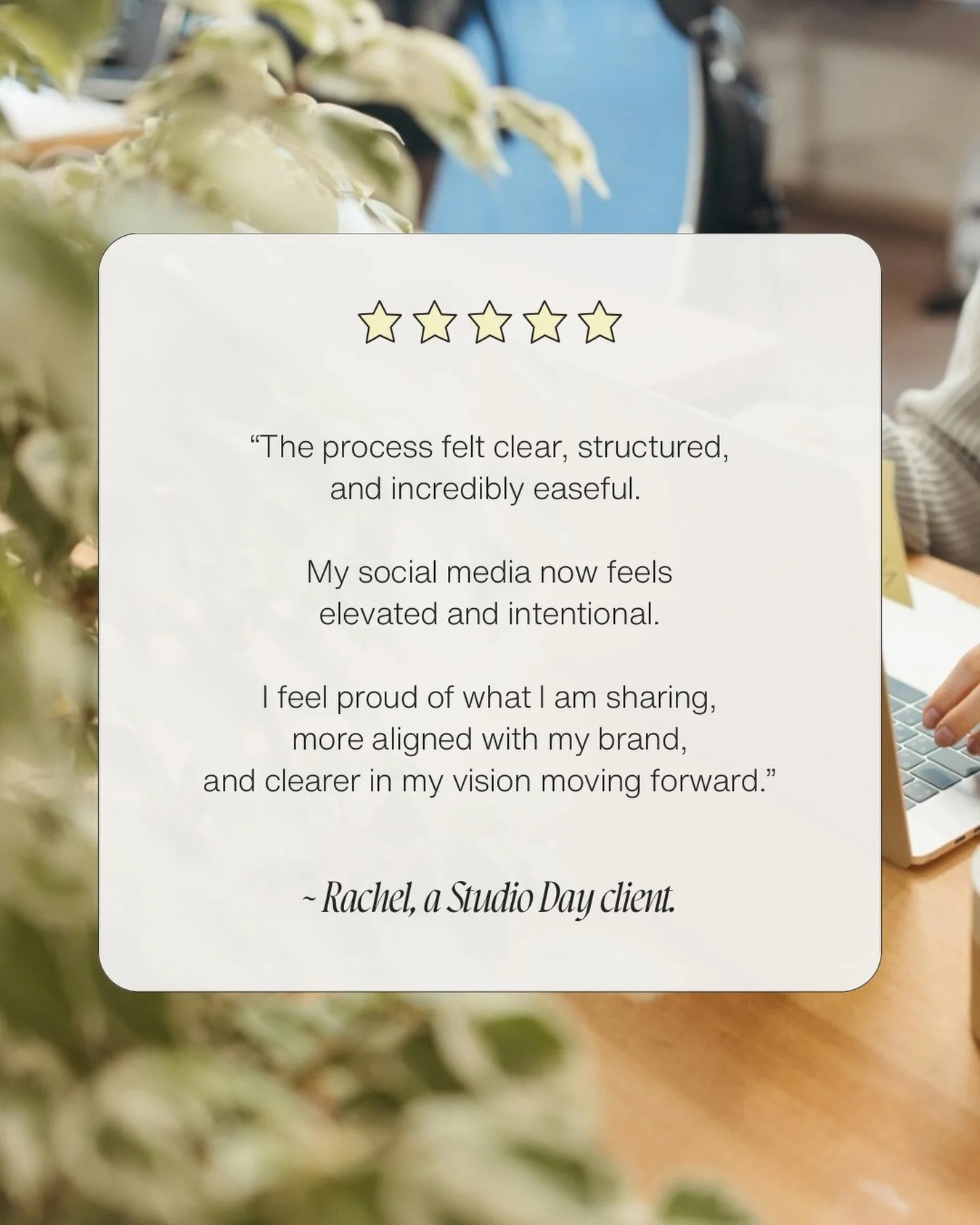 This is exactly what a well-considered social presence reset can do, and it happens in a single focused day.

Rachel booked a Studio Day recently, and in five dedicated hours we worked through a full social media audit, refined her bio and profile po