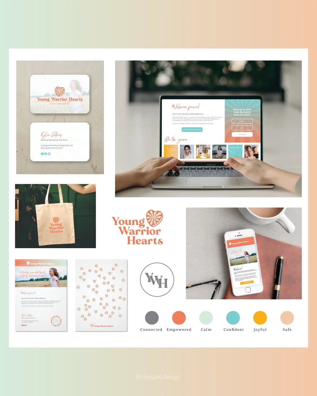 Branding and marketing materials for 'Young Warrior Hearts,' including business cards, a tote bag, a flyer, a website on a laptop and mobile phone, and a logo with the initials 'WWH.' The image also features a color palette with colors labeled as Con