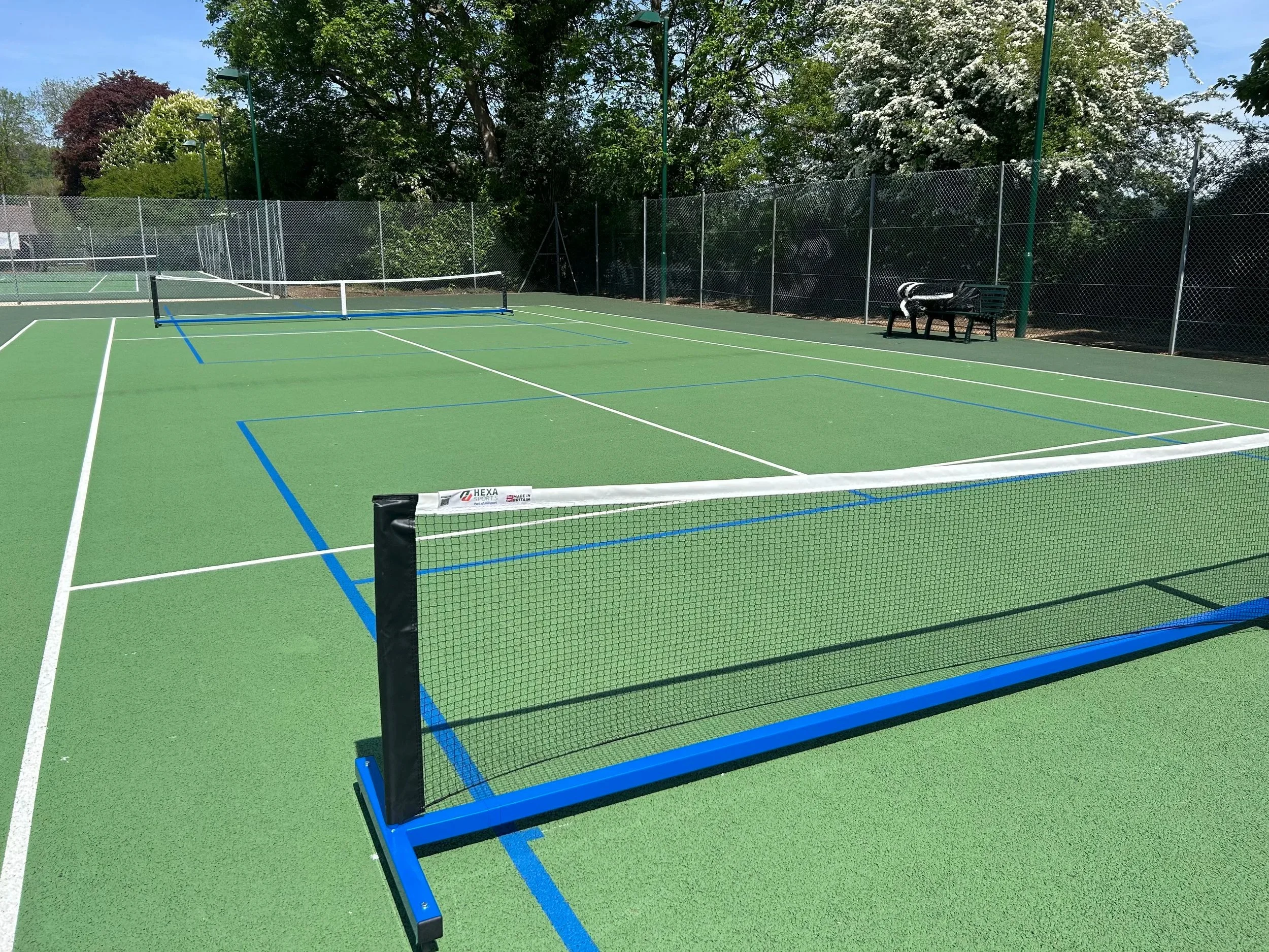 Empty outdoor pickleball court with green surface, blue lines, black net, and black benches in the background, surrounded by trees and a chain-link fence.