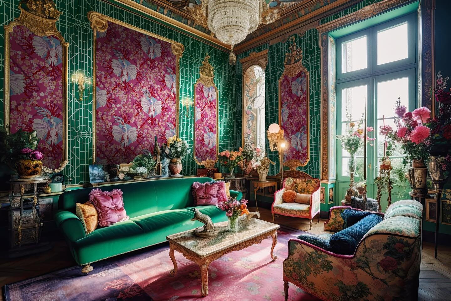 Only weeks to go until my wallpaper will be available, I&rsquo;ve designed a collection that can be mixed and matched to create a layered maximalist look. This is one of my favourites the pink &ldquo;faded glamour&rdquo; with the green bamboo trellis