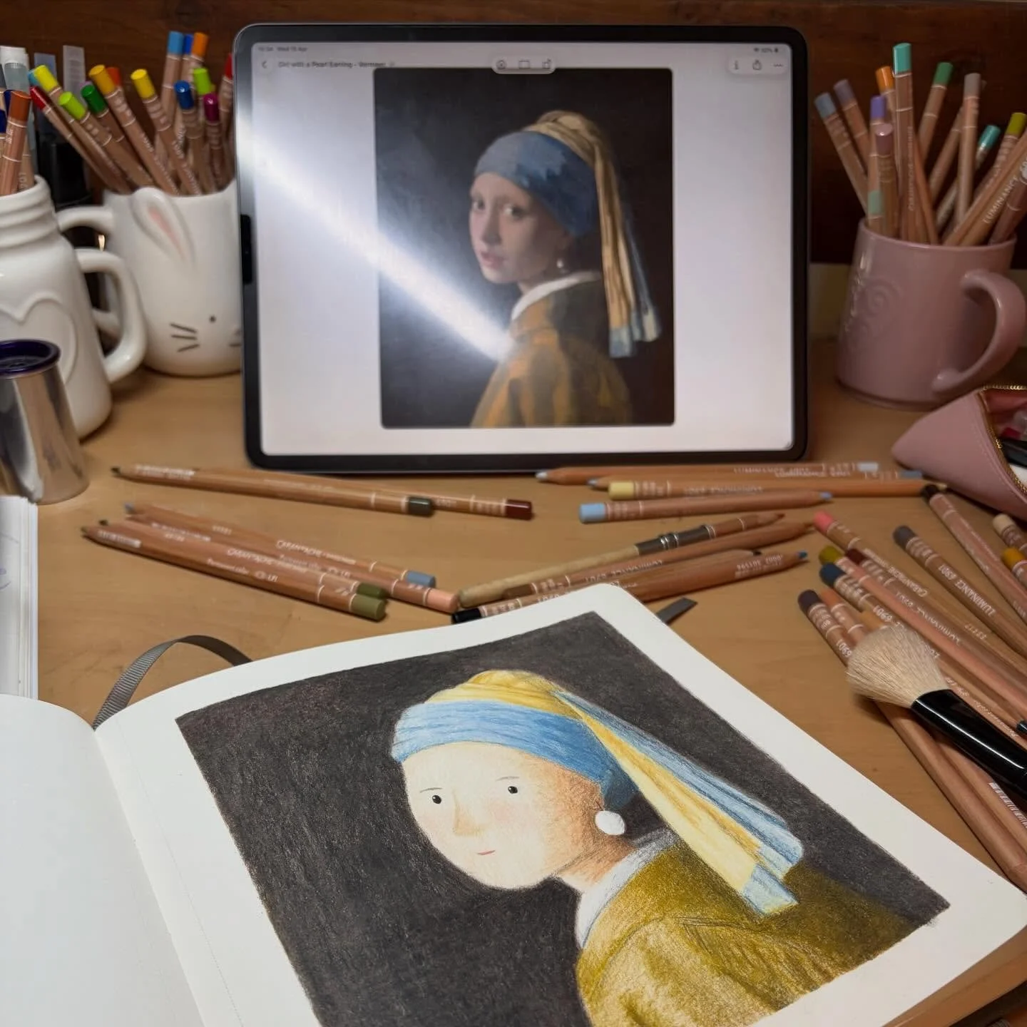 Just having fun and exploring how far I can go with my colouring pencils . #vermeer #girlwithapearlearring #sketchbookexperiments #colouringpencils