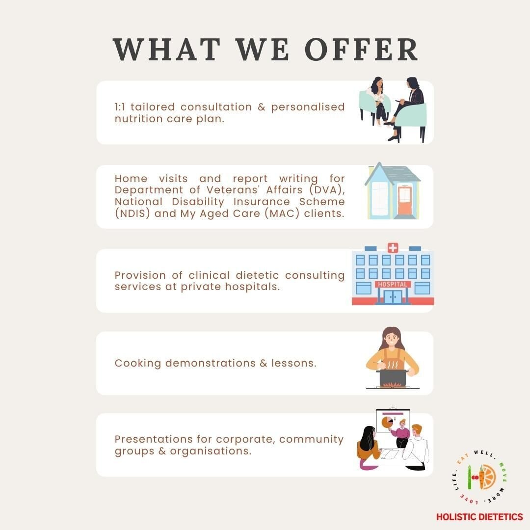 At Holistic Dietetics, we are passionate about caring for the community. ❤️🧡💚 We offer services such as:

❤️ 1:1 consultation
🏠 Home visits, especially for DVA, NDIS and MAC clients
🏥 Clinical dietetic consulting services at private hospitals
🧑?