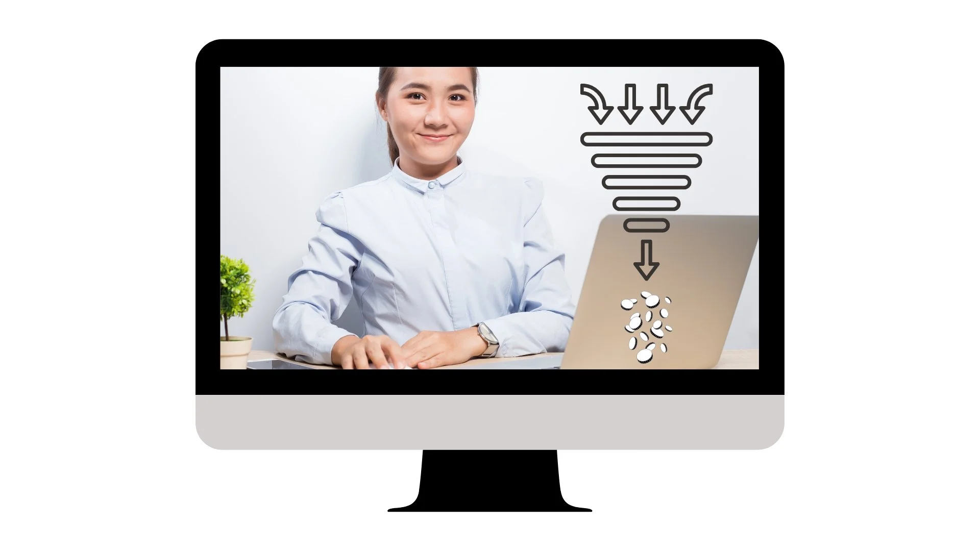 PC-skjerm med kvinne ved PC. Illustrasjon av kjøpstrakt. PC