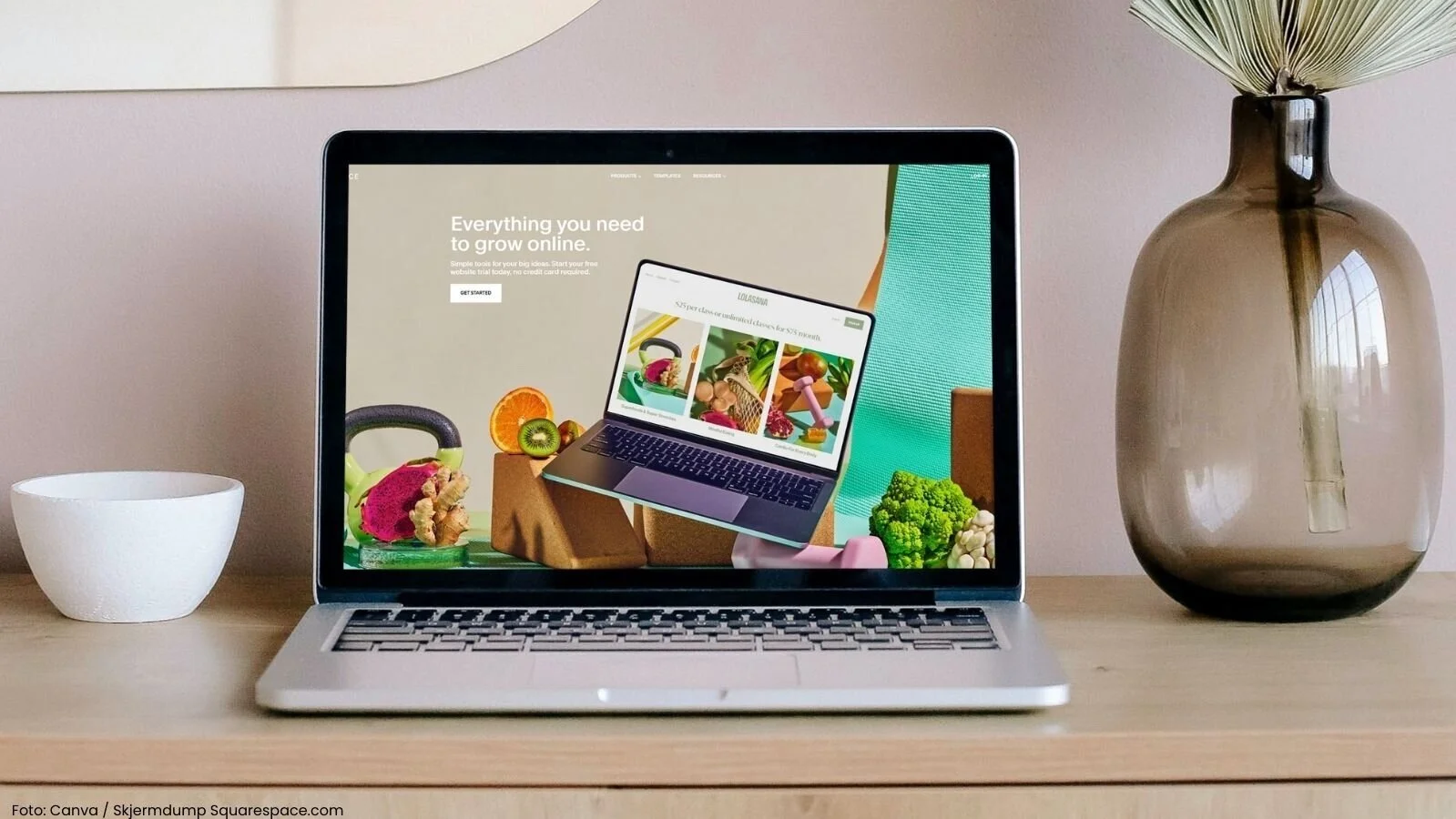 Squarespace er eit verktøy som passar perfekt, om du ikkje vil bruke tid eller pengar på spesialdesign, koding, oppdateringar av plugins og leige av eksternt webhotell.  Foto: Canva / Skjermdump frå Squarespace.com