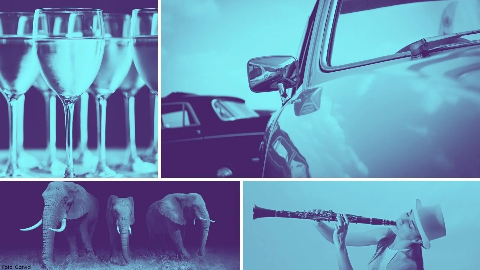 Collage med monokrome foto i turkis. Laga i Canva