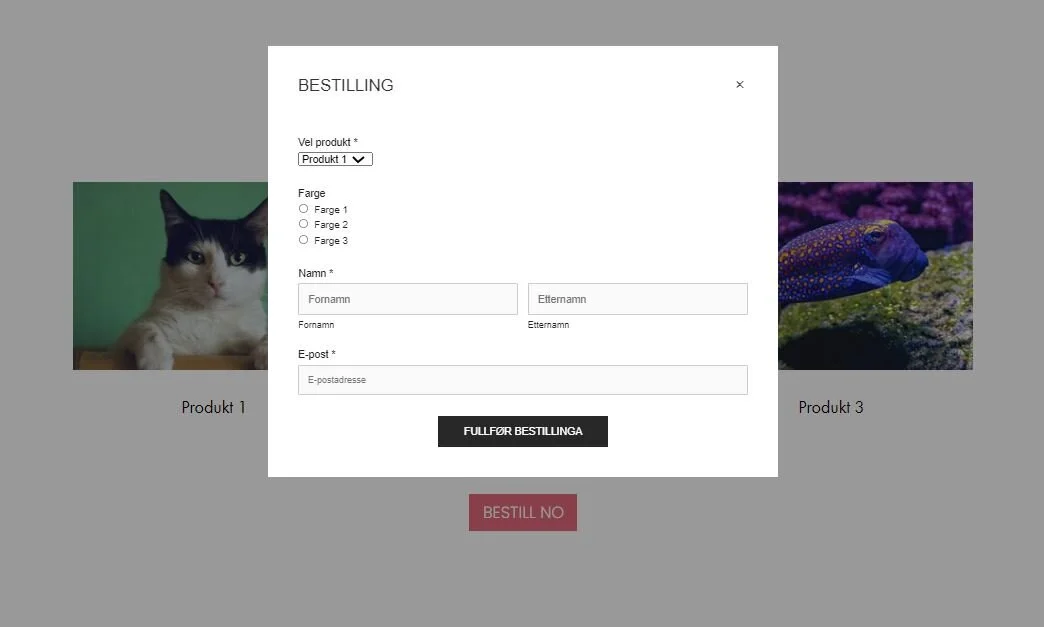 Skjermdump: Døme på enkelt bestillingsskjema (lysboks) i Squarespace. Foto av dyr: Unsplash