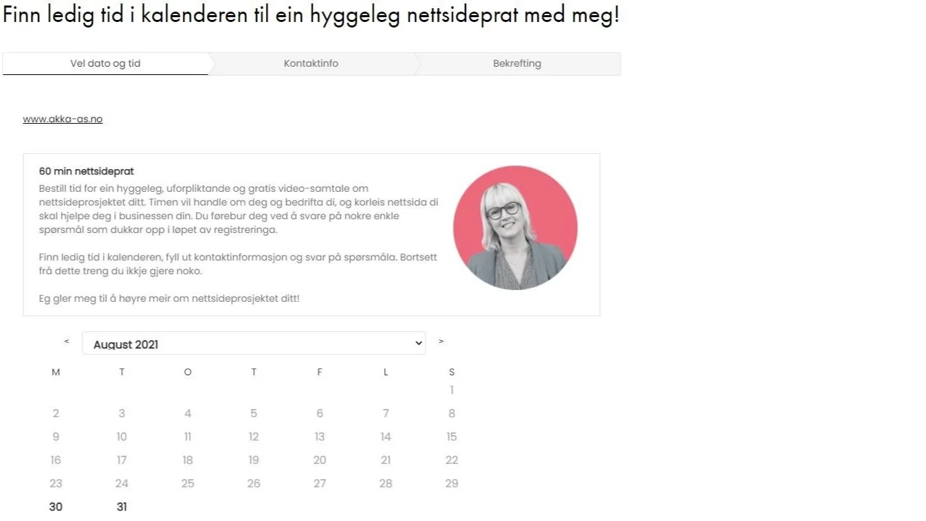 Skjermdump av avtalekalender laga i Squarespace Scheduling.