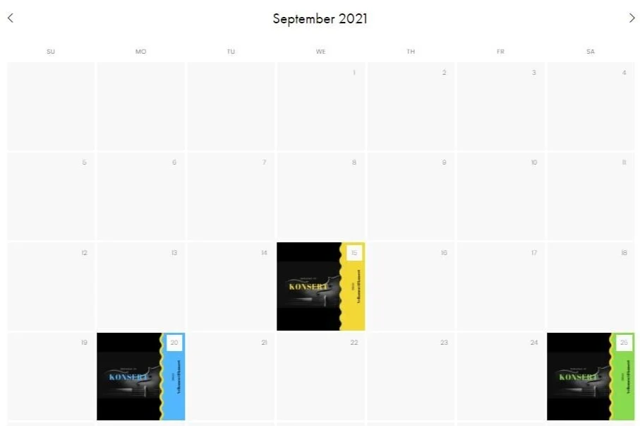 Skjermdump: Døme på arrangementskalender laga i Squarespace