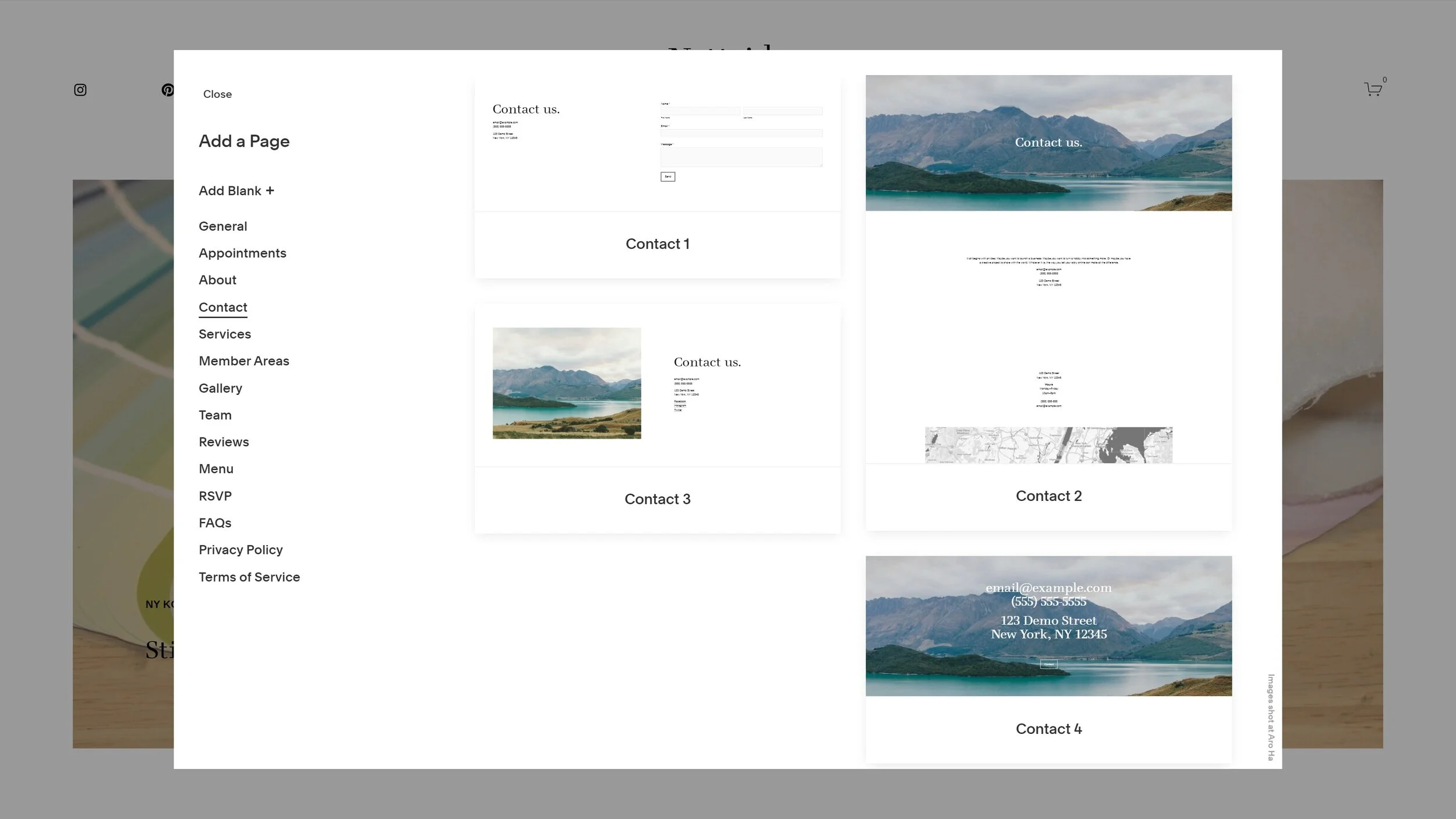 Skjermdump frå Squarespace: Ulike sidemalar for kontaktsider