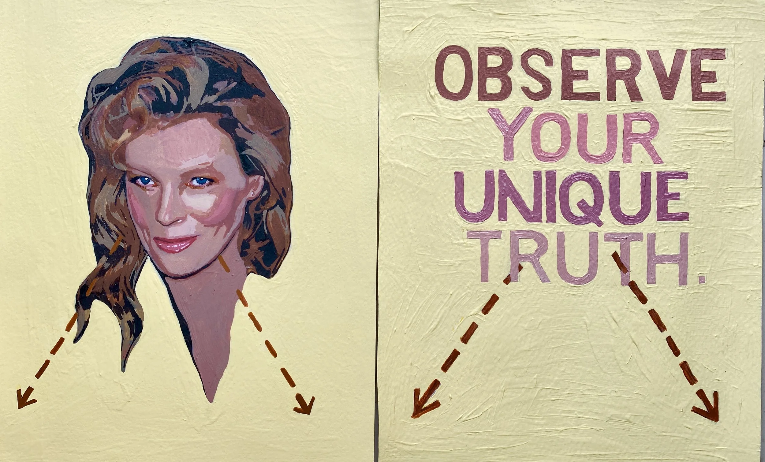 Observe your unique truth, Work in progress, Acrylic on paper, x4 components, each 17cm x 25cm, 2026. Front View.  Images licensed by Copyright Agency; see links page for info.