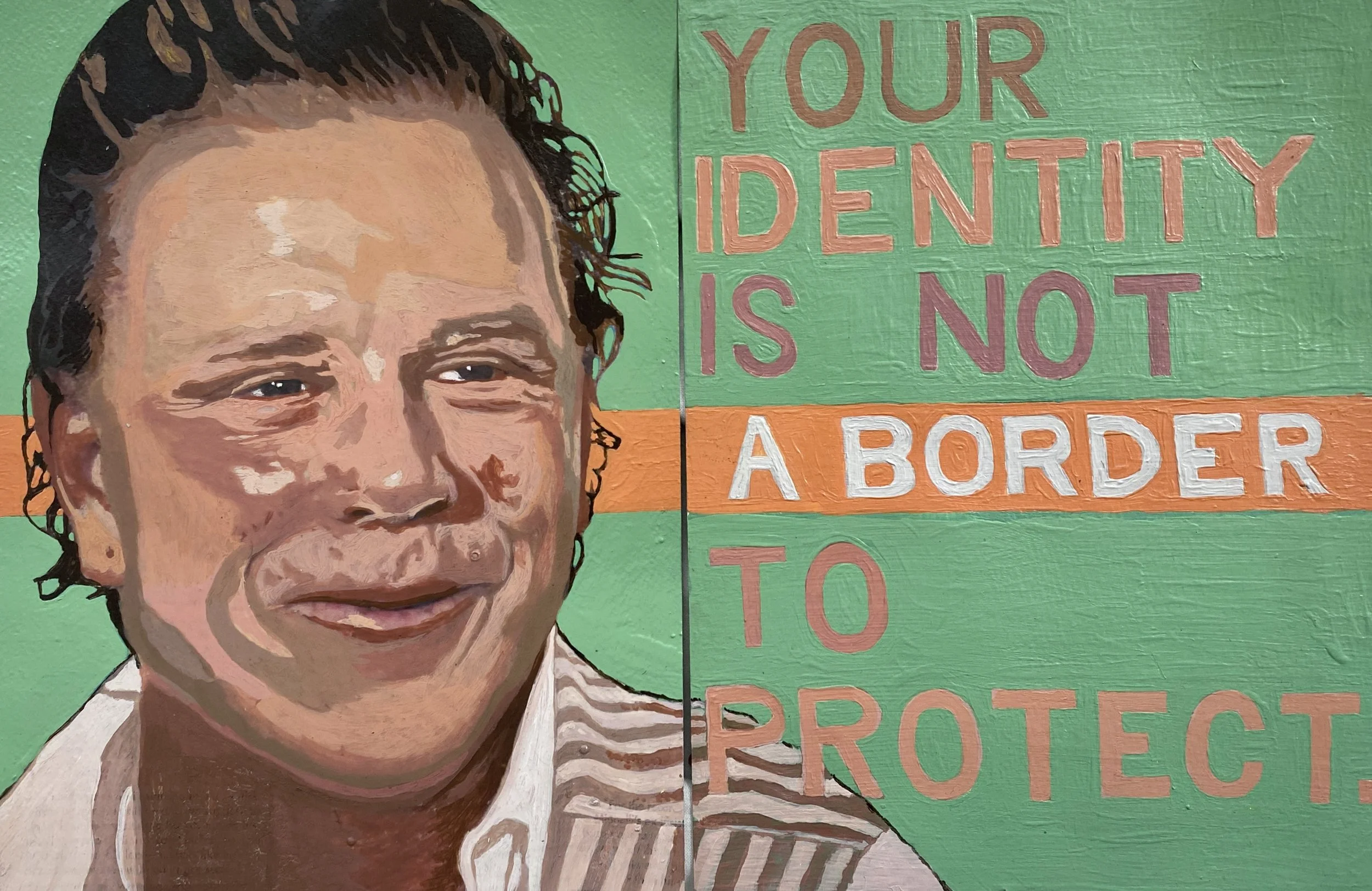 Your identity is not a border to protect, Work in progress, Acrylic on paper, x4 components, each 22cm x 29.5cm, 2026. Front View.  Images licensed by Copyright Agency; see links page for info.