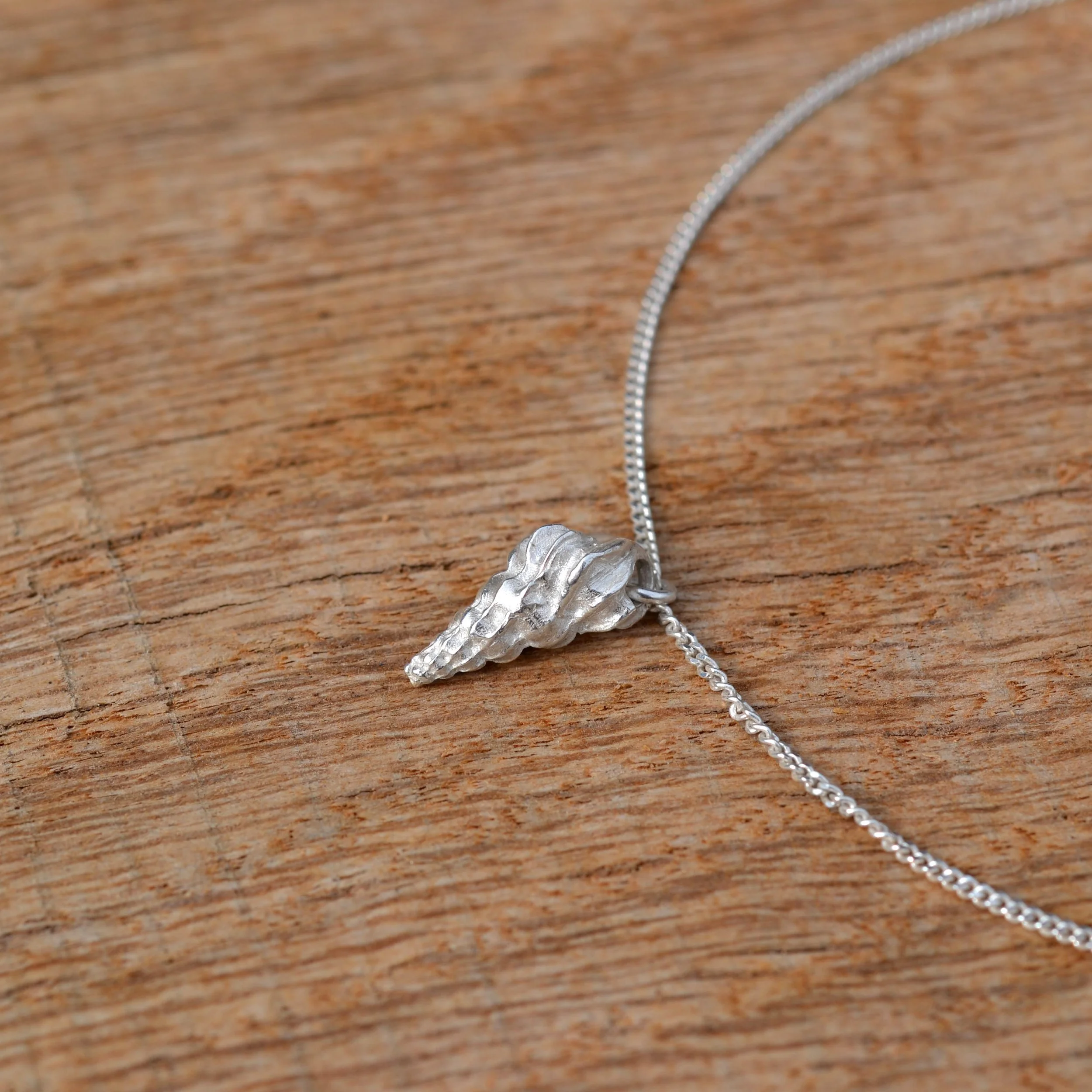 collier avec pendentif coquillage en argent massif est posé sur du bois, par Bijoux de La Lande
