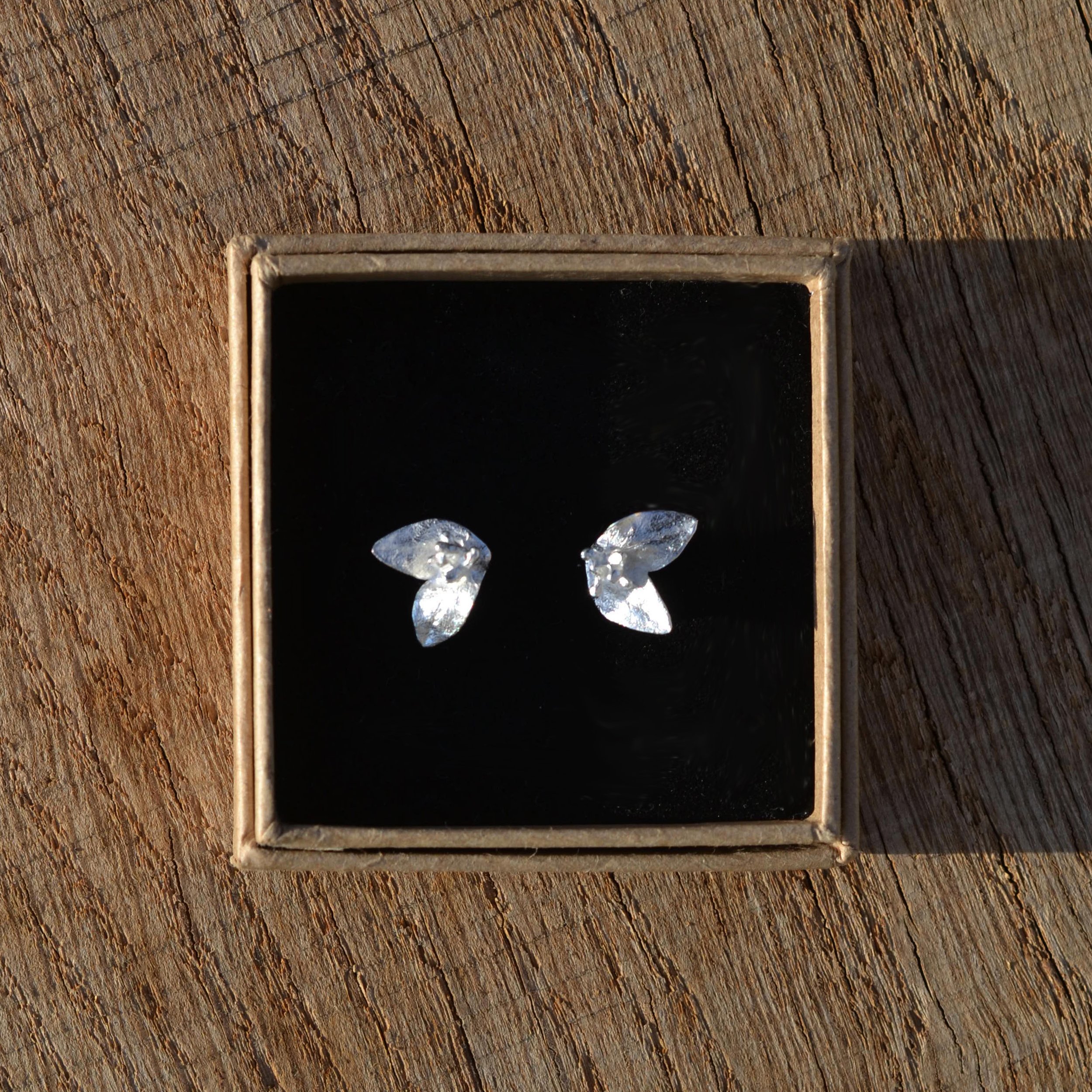Des petites boucles d'oreilles puces feuille en argent massif dans une boîte à bijoux posés sur une pièce de bois par Bijoux de La Lande