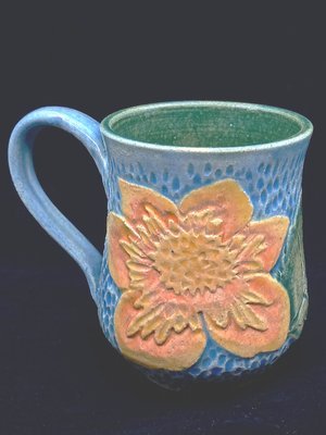Blue and Green Mug with Peach Flower.jpeg