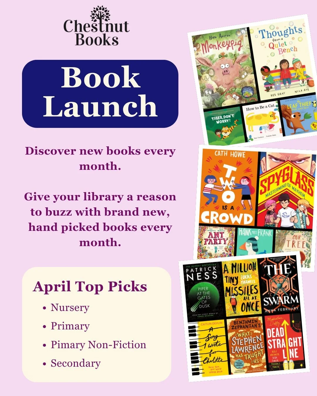 📚✨ April Book Launch is here!

Bring the buzz back to your shelves with brand new, hand-picked books every month &mdash; perfect for school libraries and classrooms.

Now available to pre-order with 4 curated collections:
🌱 Nursery
📖 Primary
🔍 Pr