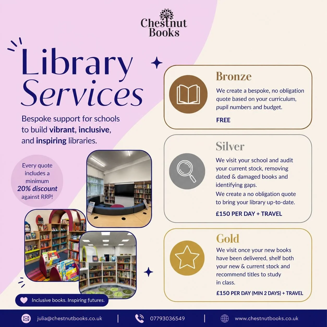 ✨ Transform your school library into a space that inspires every child to read, learn and imagine. 📚💫

At Chestnut Books, we offer bespoke library support designed to help schools create vibrant, inclusive and engaging reading environments for thei