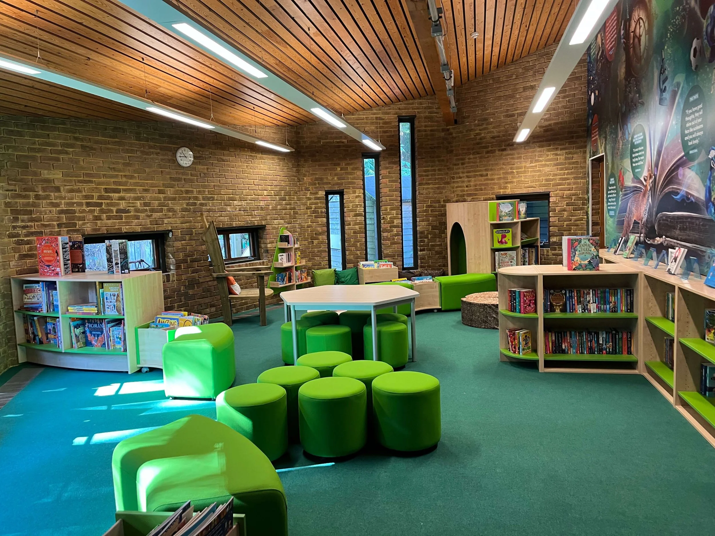 Inviting primary school library filled with beautiful, modern books provided by Chestnut Books. 