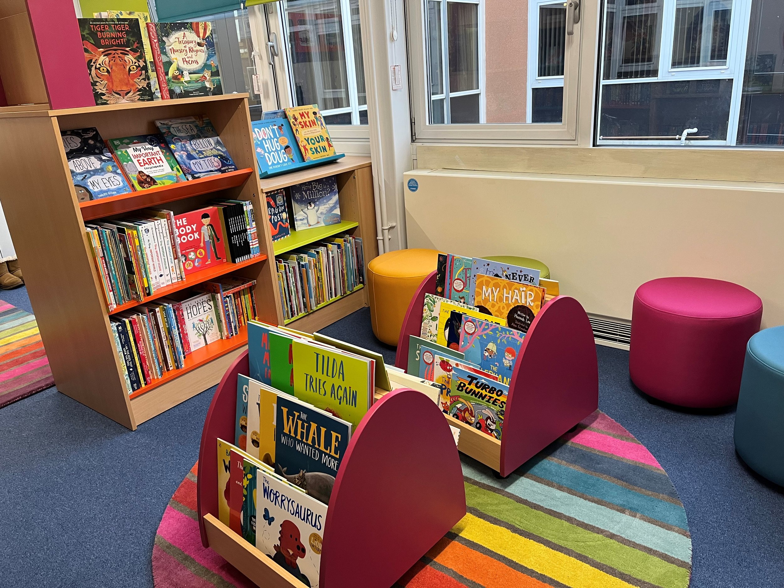 Early Years Reading Area filled with brand new picture books and non fiction linked to the curriculum.